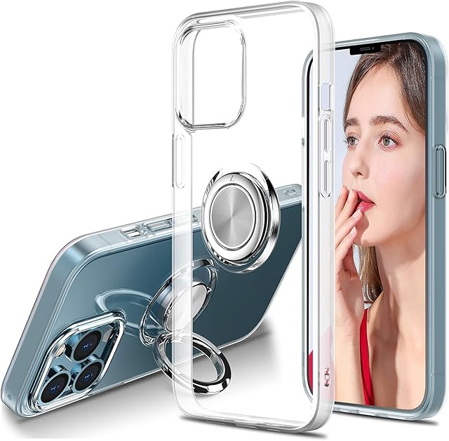 WATACHE Compatible with iPhone 13 Pro Max Case, Clear Crystal Slim Fit Protective Phone Case Cover with [Ring Holder Kickstand] [Magnetic Car Mount Feature] for iPhone 13 Pro Max 6.7 Inch 2021,Clear