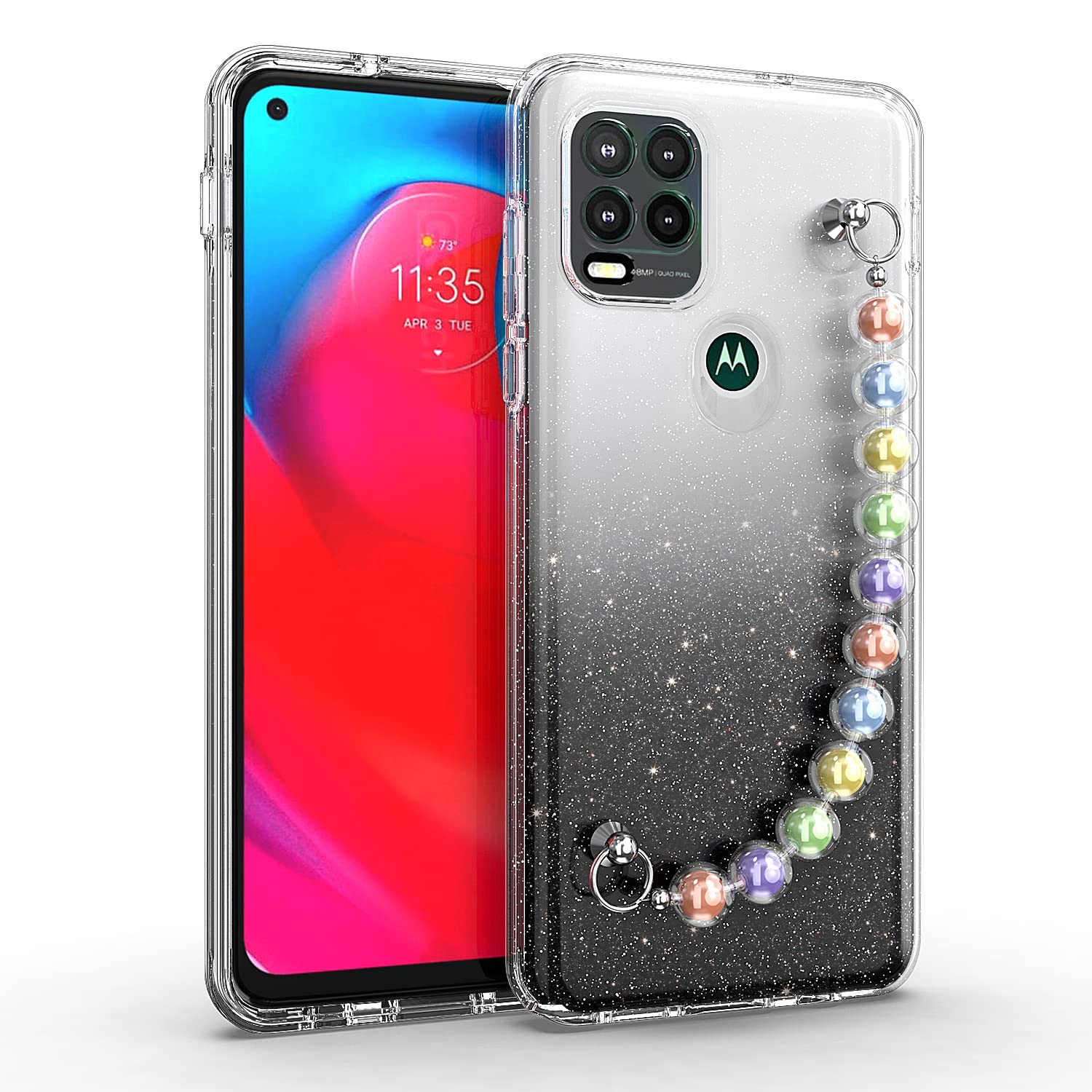 KACHEN for Motorola Moto G Stylus 5G Case 2021 Version, 2 in 1 with Candy Beads Hand Strap Black Gradient Glitter Shimmer Sparkle Shockproof Bumper Hybrid Cell Phone Case for Women Girls