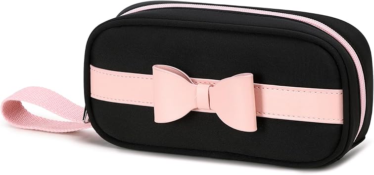 Pencil Case for School,Pink Bow Pen Bag with Zipper, Large Capacity Organizer Bags Stationery Makeup Purse for College Office Cute Pouch Pocket Bags for Girls Women,Teens Black Pink, Large
