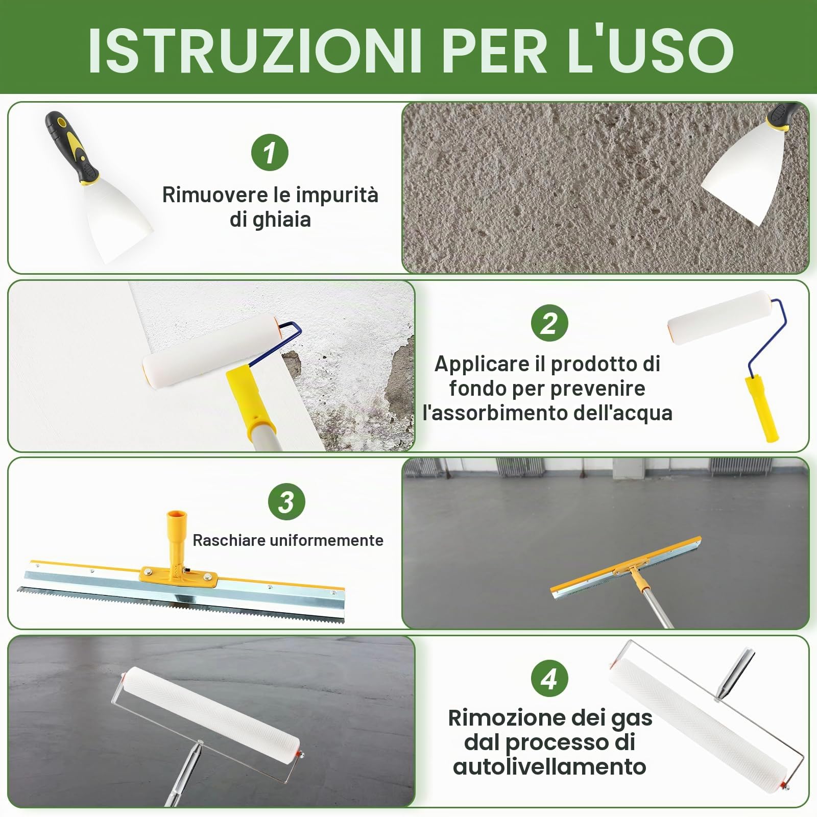 Kit di Strumenti Autolivellante per Pavimenti, Set Attrezzi per Pavimenti Composto Livellante, Rullo Frangibolle 11 mm, 30 mm Spiked Scarpe, Asta Telescopica 160 cm, Spatola Autolivellantein