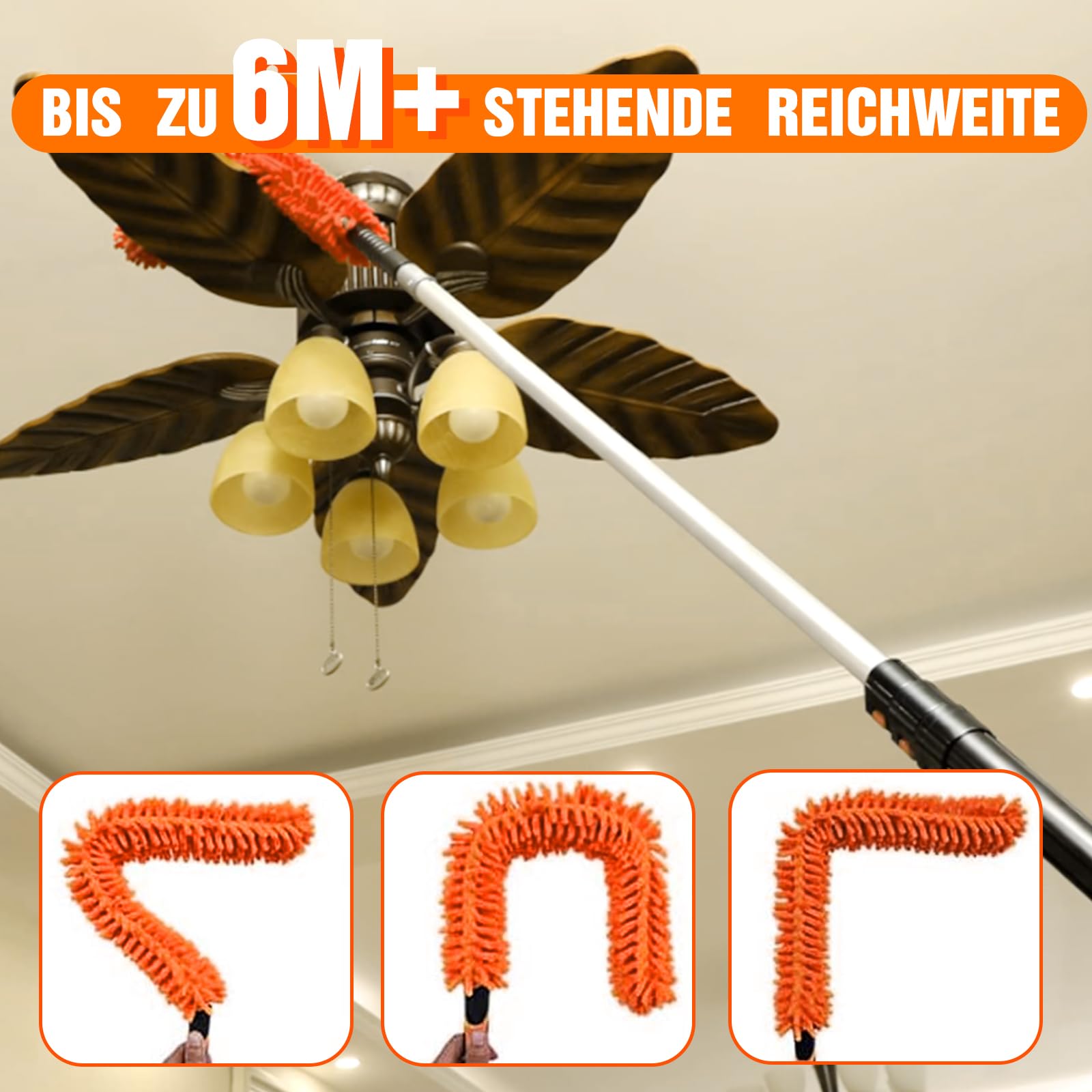 LAANPOLE 6M Staubwedel Teleskop Waschbar, Spinnwebenbesen mit Teleskopstiel, Fensterabzieher zum Reinigen von Decken, Lücken, Deckenventilatoren