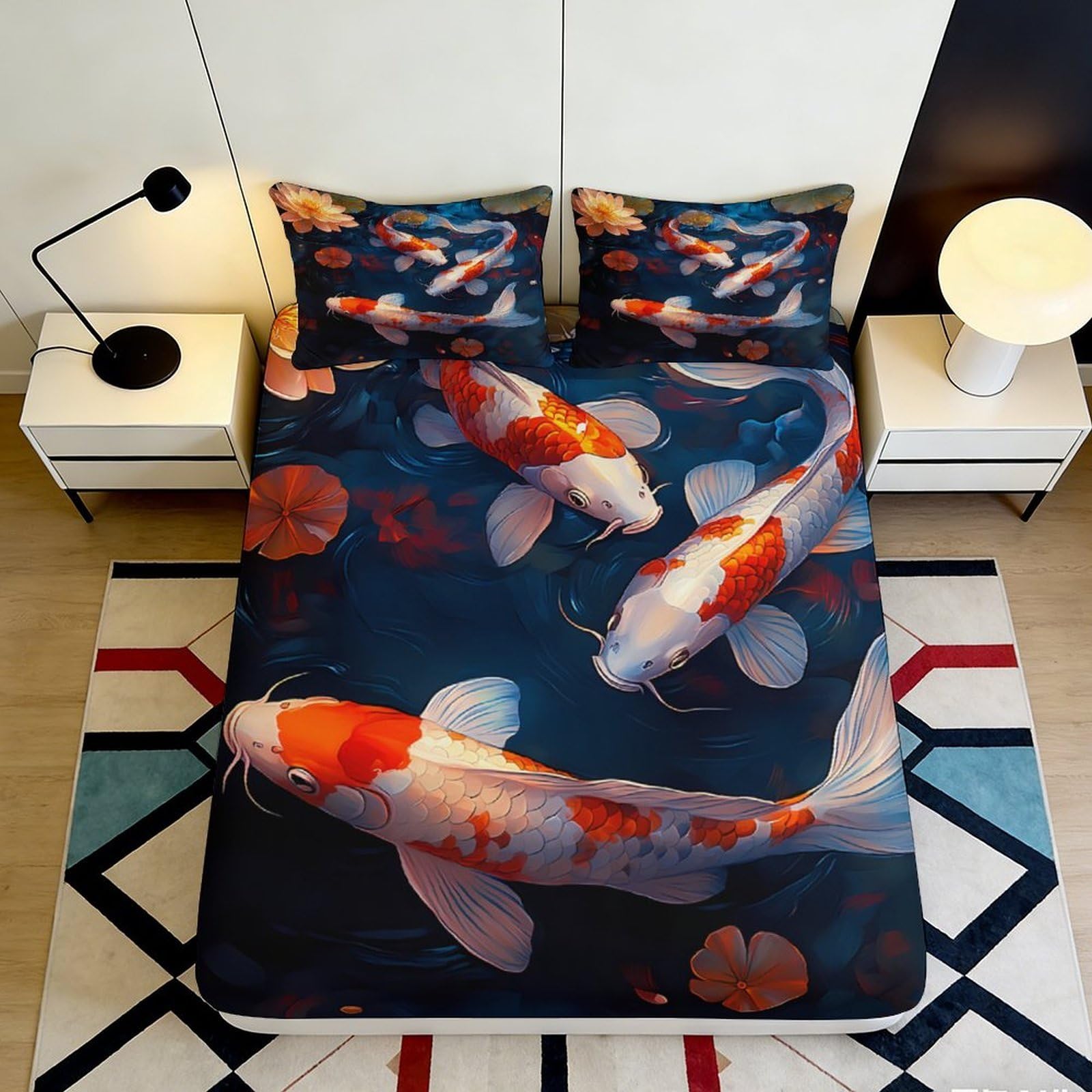 Pnayamiorkfel Style-1 3D Printed Koi Fish Fitted Sheet Microfiber Bedroom Decor Lotus Pond Mattress Cover Anti-Slip Machine Washable 90X200x25cm