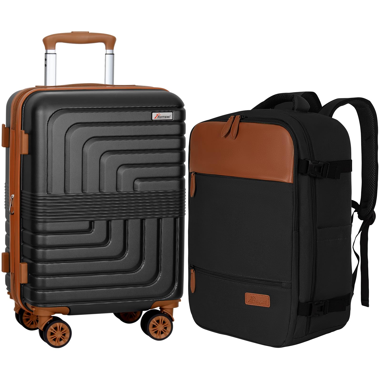 Romswi 21In Carry Sets Expandable Carry On Luggage Set with Backpack PC ABS Hardside Carry-On Suitcase Set with