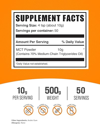 Miniatura 7 de BULKSUPPLEMENTS.COM MCT Aceite en polvo  Triglicéridos de cadena media, aceite de coco puro MCT, polvo MCT apto para dieta cetogénica, para impulso