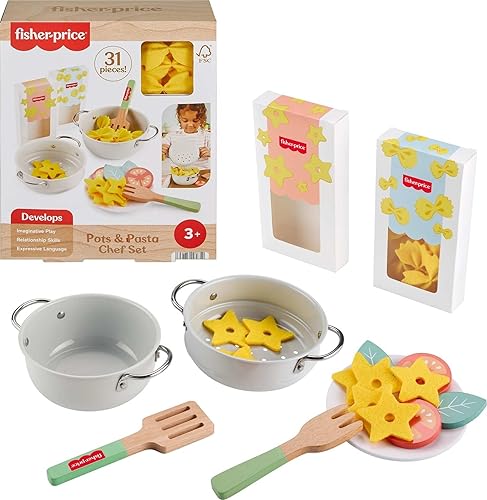 Miniatura 1 de Fisher-Price Juego de cocina de madera, ollas y chef de pasta, 31 piezas de comida de juego y utensilios de madera para niños preescolares a partir