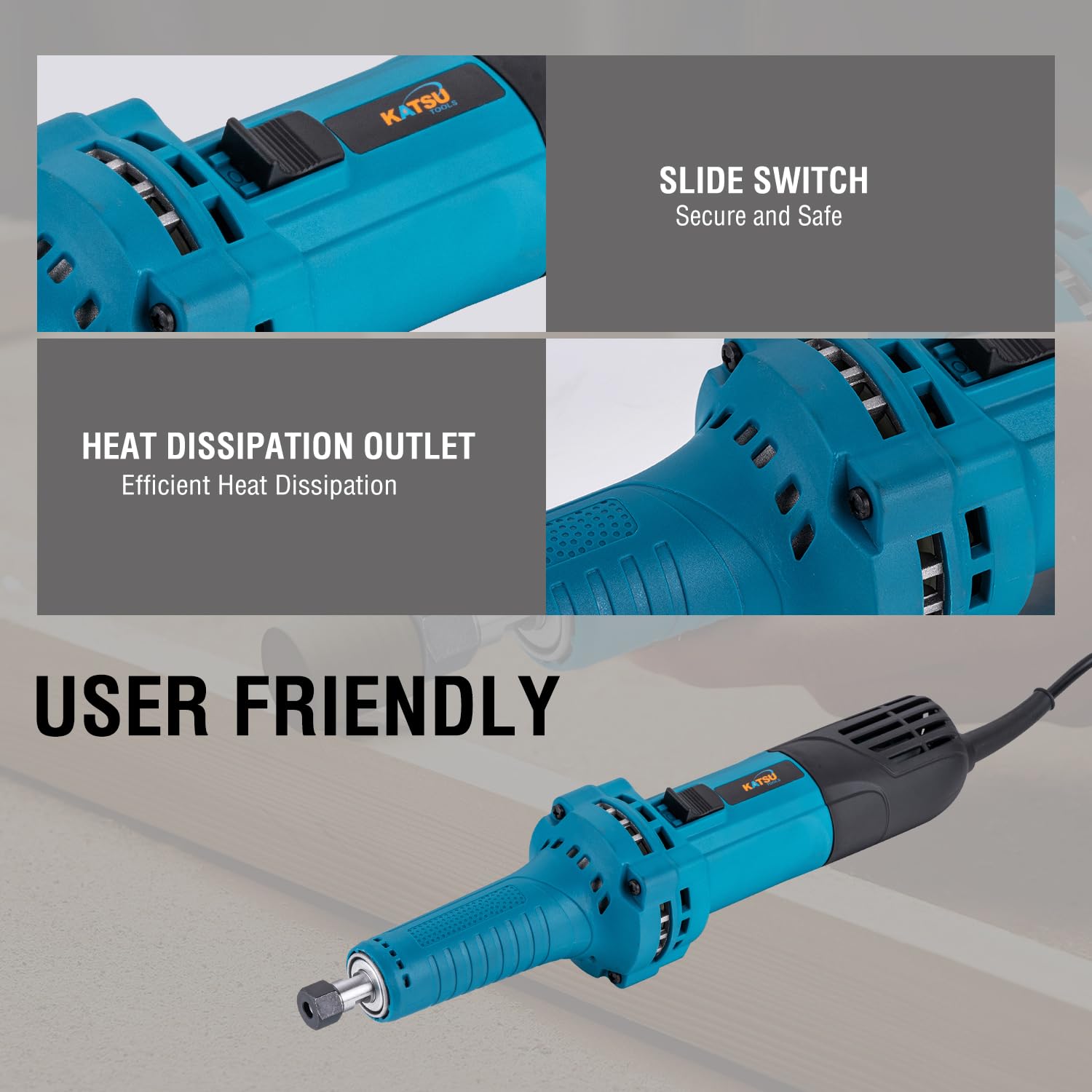 KATSU Tools Meuleuse droite électrique 710 W, mandrin à écrou de blocage de 6 mm, poignée cylindrique compacte, outil rotatif pour le meulage et le polissage de la construction