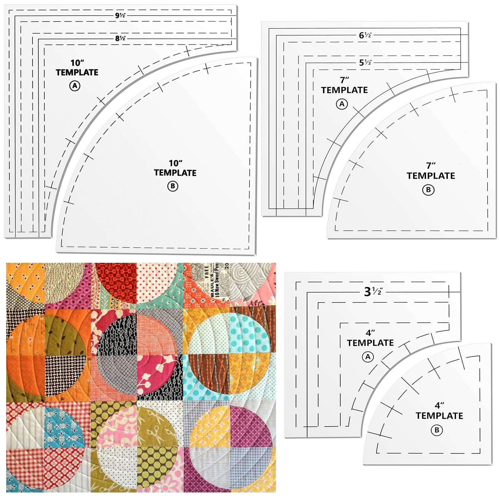 Kigley 3 Set Drunkards Path Quilting Templates Large Quilting Rulers and Templates for Cutting Patterns with 1/4 Seam Allowance Supplies for DIY Craft(Clear,10, 7, 4 inch)
