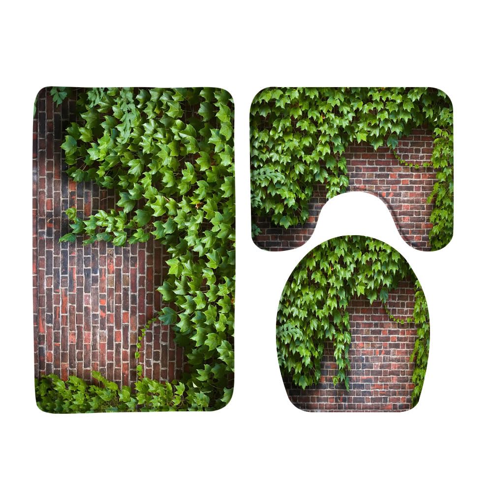 VPUPCN Brick Wall 3 Pcs Bath Rugs Set,Green Leaf Ivy Plant Rustic Rocks Stone Wall Natural Farmhouse Botanical Bathroom Kitchen Rug with 17.8