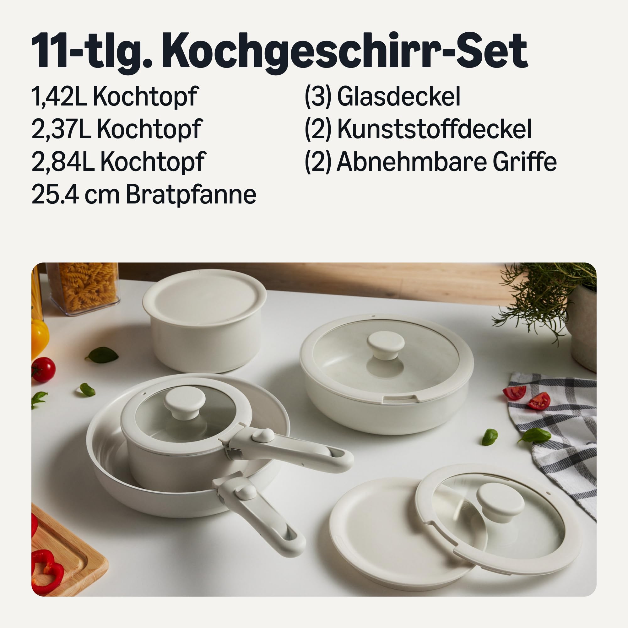 Amazon Basics 11-Teiliges Topfset mit Abnehmbaren Griffen, Stapelbares Keramik-Pfannenset für Alle Herdarten, Ofenfest bis 232°C, Spülmaschinenfest