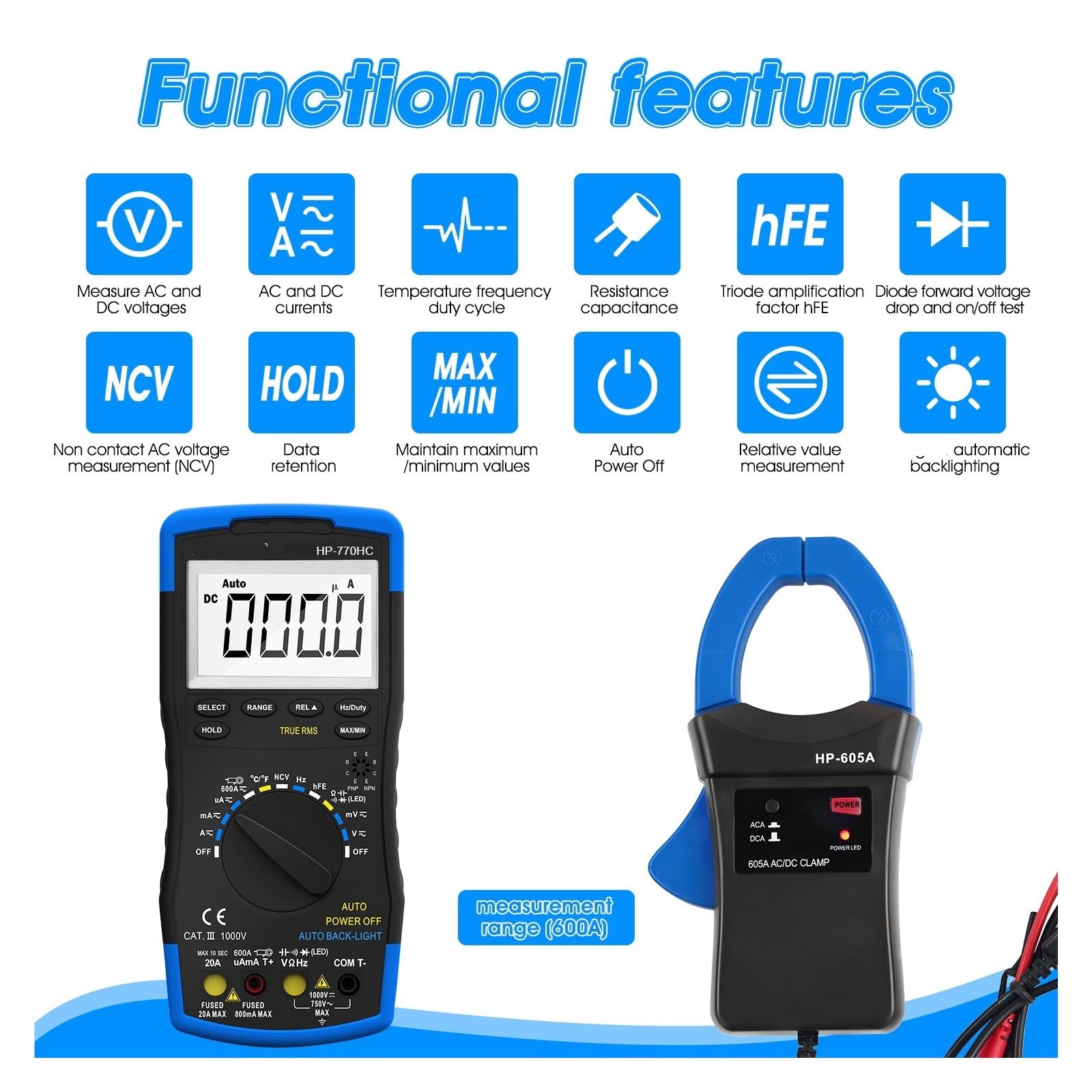 770HC Tester multimetro digitale Sonda a portata automatica True RMS con adattatore a morsetto NCV+-605A Corrente CA/CC 600A(ONLY 770HC)
