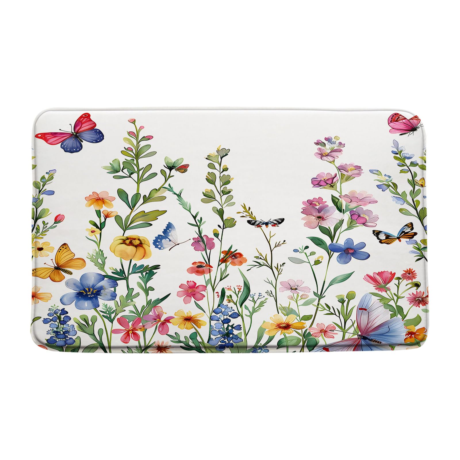 CCXTCZ Floral Plant Bath Mat Flower Butterfly Watercolor Wildflower Botanical Boho Leaves Nature Colorful Rustic Spring Bathroom Kitchen Rugs,
