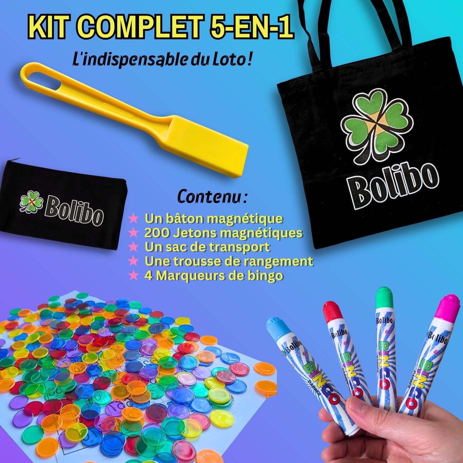 Bolibo Kit 5 en 1 SPÉCIAL Bingo - 1 Sac, 1 Trousse, 4 Marqueurs Bingo, 1 Bâton magnétique et 200 Pions magnétiques - Tous Les Accessoires indispensables pour Les passionnés de Loto/Bingo