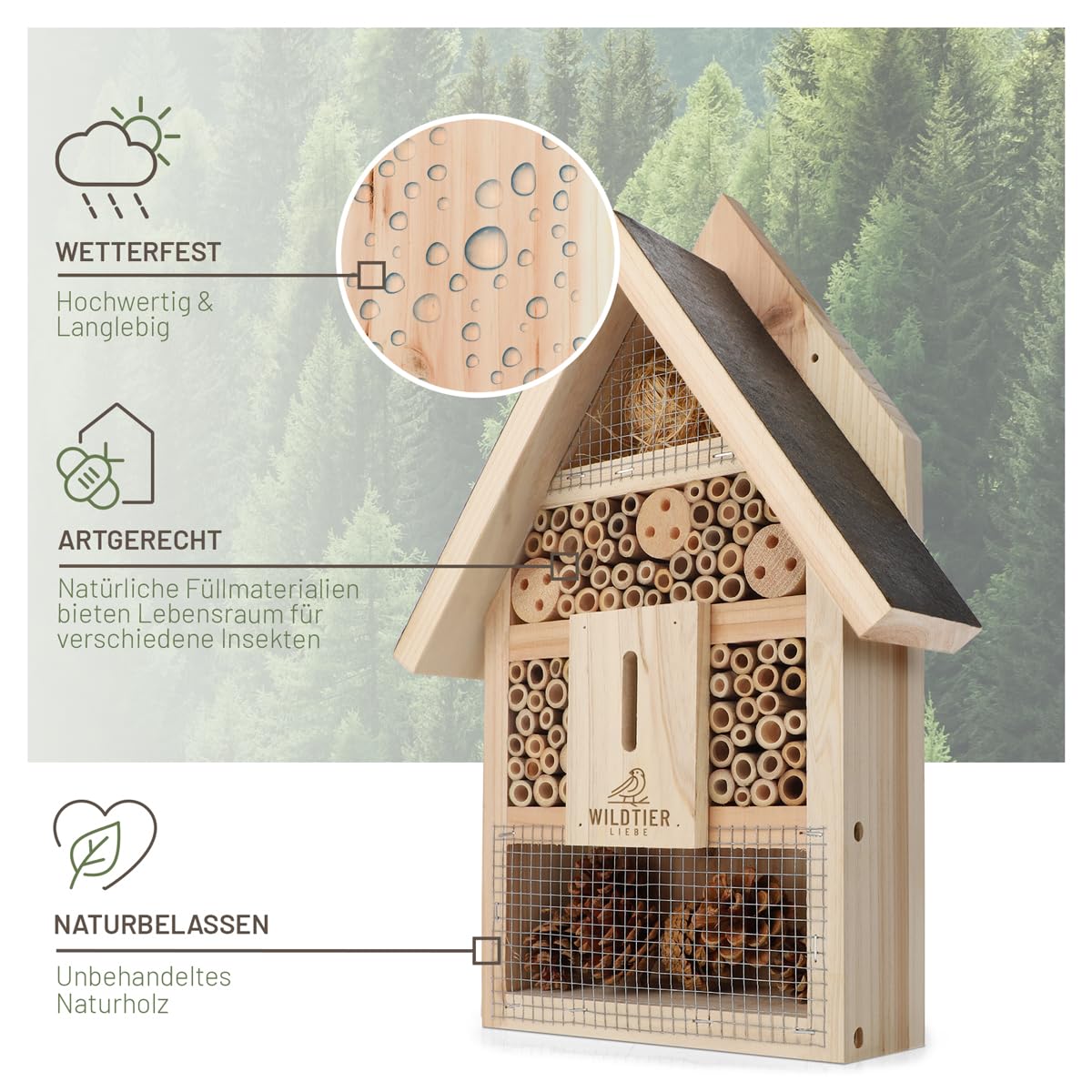 wildtier liebe Hotel para insectos grande, hotel de abejas sin tratar, incluye atrayente, madera maciza atornillada, casa para insectos para abejas, mariquitas y mariposas, hotel de abejas