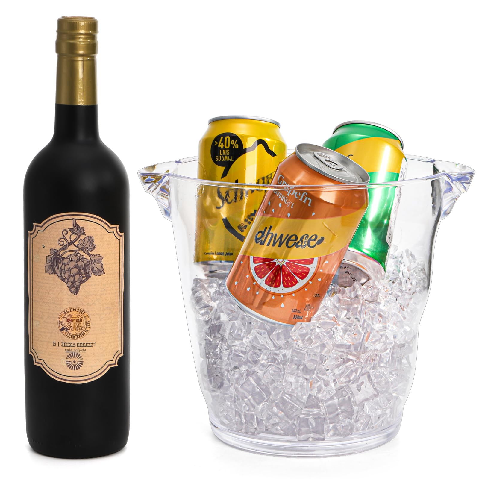 Dicunoy Cubo de hielo, enfriador de cubo de champán acrílico, bañeras de bebidas transparentes con asa, cubo grueso para bar, hogar, fiestas, 4 litros, para 2 botellas de vino o champán