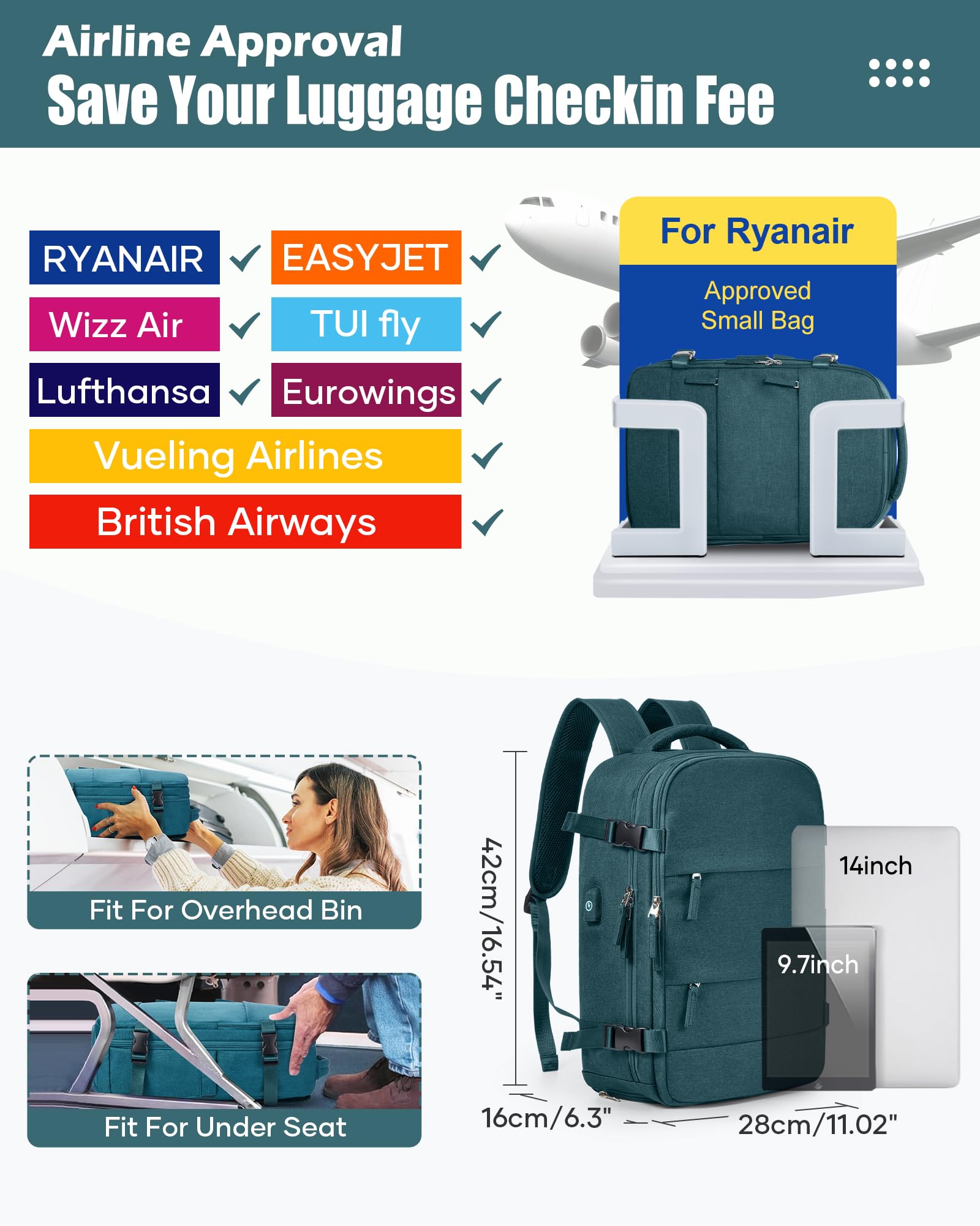 SZLX Zaino Ryanair 40x30x20 Sottovuoto Zaino da Viaggio 40x30x20 Wizzair Donna da escursionismo sportivo impermeabile Zaino Casual Laptop da 14 Pollici con porta di ricarica USB Scomparto per Scarpe