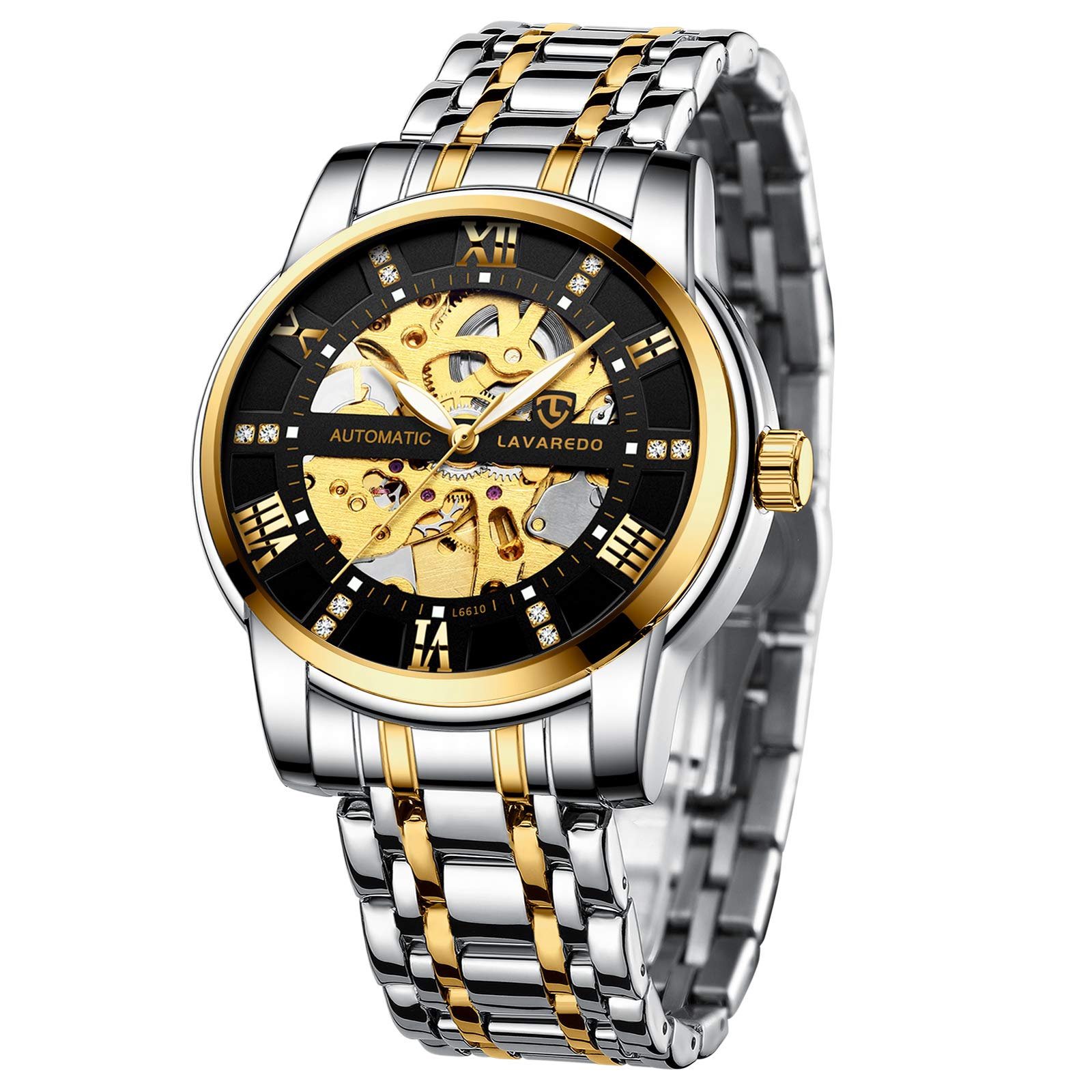 A ALPSMens Watch Skeleton Luxury Mechanical Stainless Steel Waterproof Black Automatic Self-Winding Roman Numerals Diamond Dial Wrist Watch