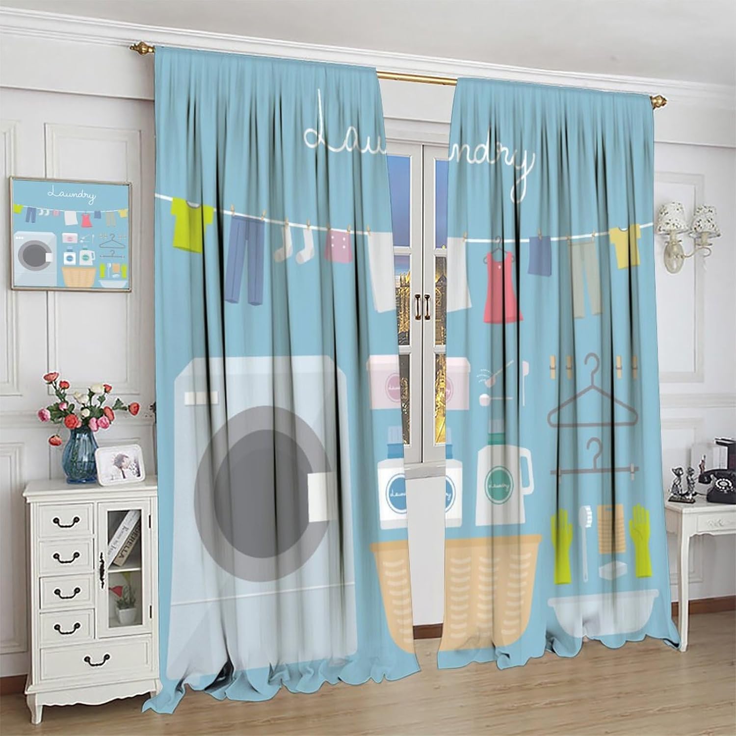 Laundry Room Curtain Wash Dry Fold Repeat Pattern Blackout Print Rod Pocket Window Drapes for Laundry Kitchen Bedroom Living Room 42x54in