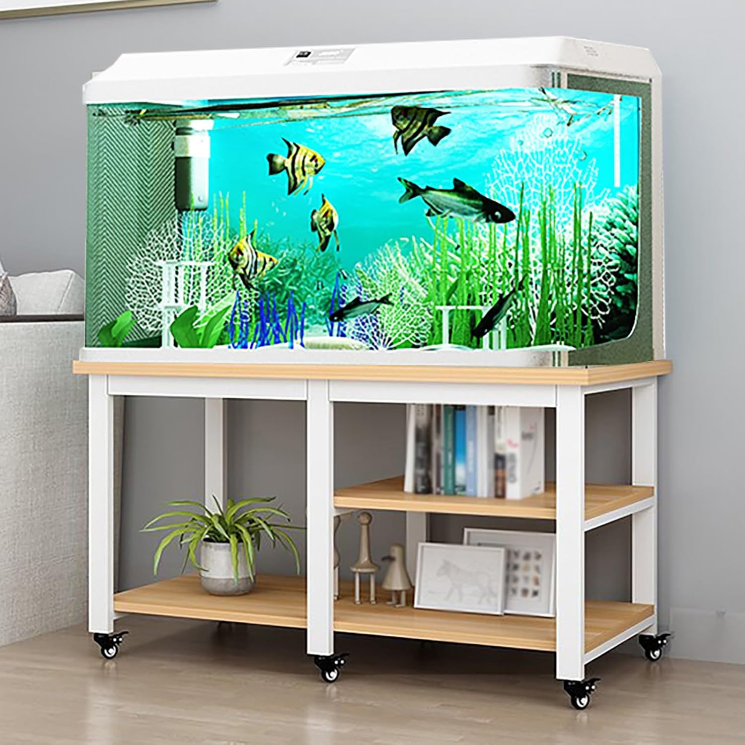 Heavy-Duty Aquarium Stand with Wheels & Wood Panel, Anti-Rust Storage Rack for Fish Tanks, Ideal for Turtle Breeders & Aquarium Enthusiasts, Sturdy Fish Tank Cabinet