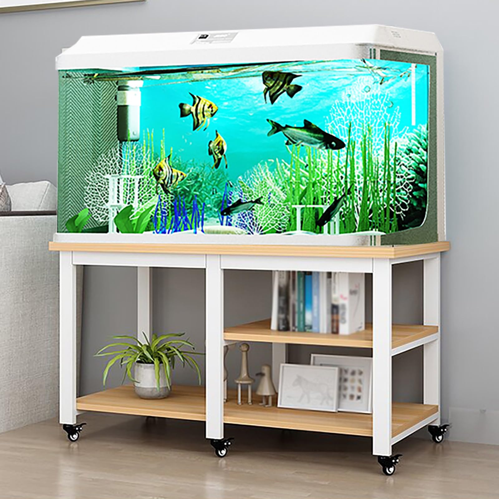 Mobiletto portaoggetti per Acquario Resistente con Ruote girevoli e Pannello in Legno, scaffale antiruggine per acquari, Perfetto per allevatori di Tartarughe e acquariofili