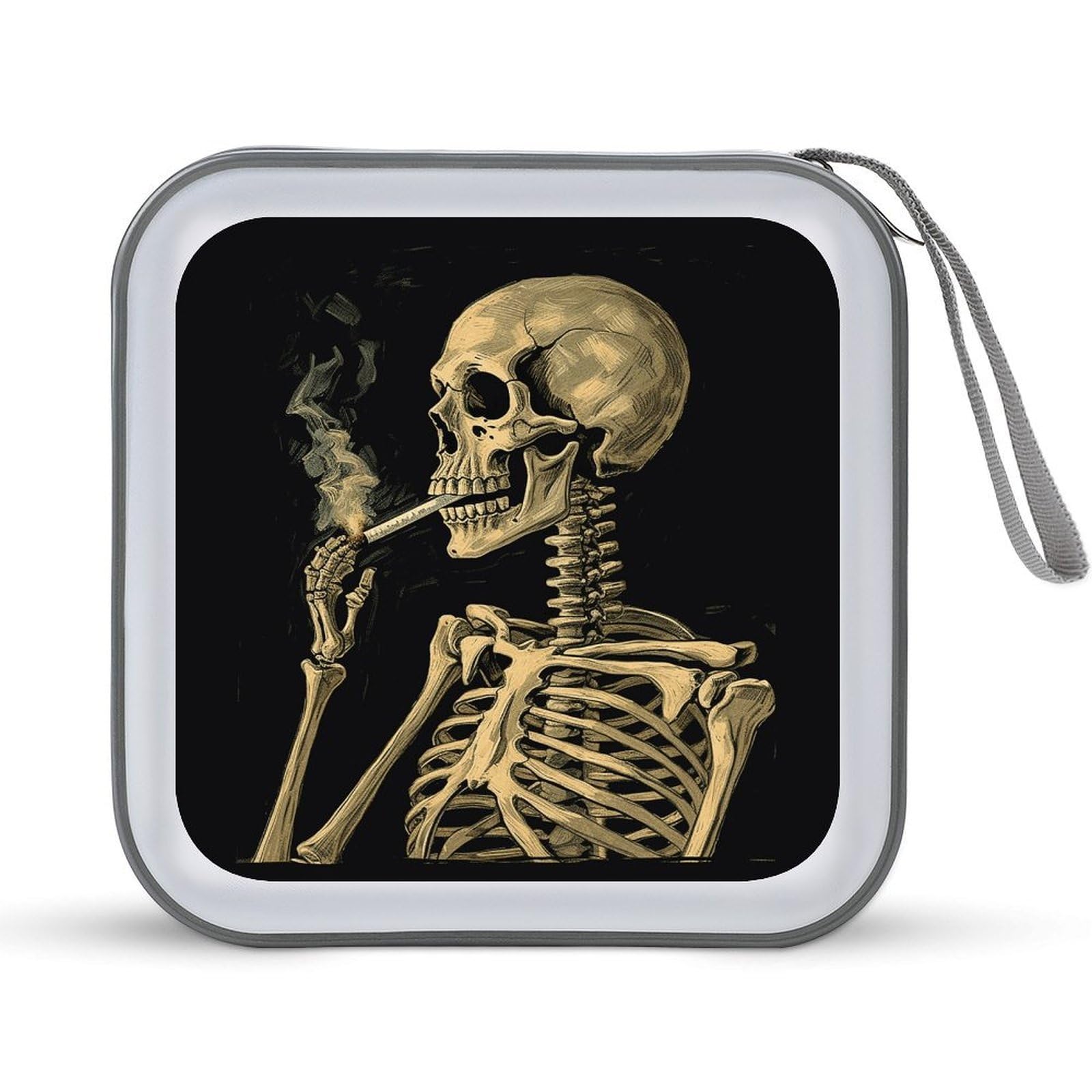 VstaDank A Skeleton with Burning Cigarette CD Case with Hand Strap Lightweight DVD Wallet Holder 40 Capacity CD/DVD Case Wallet Protective CD Wallet CD/DVD Portable Storage Binder for Car Home Office