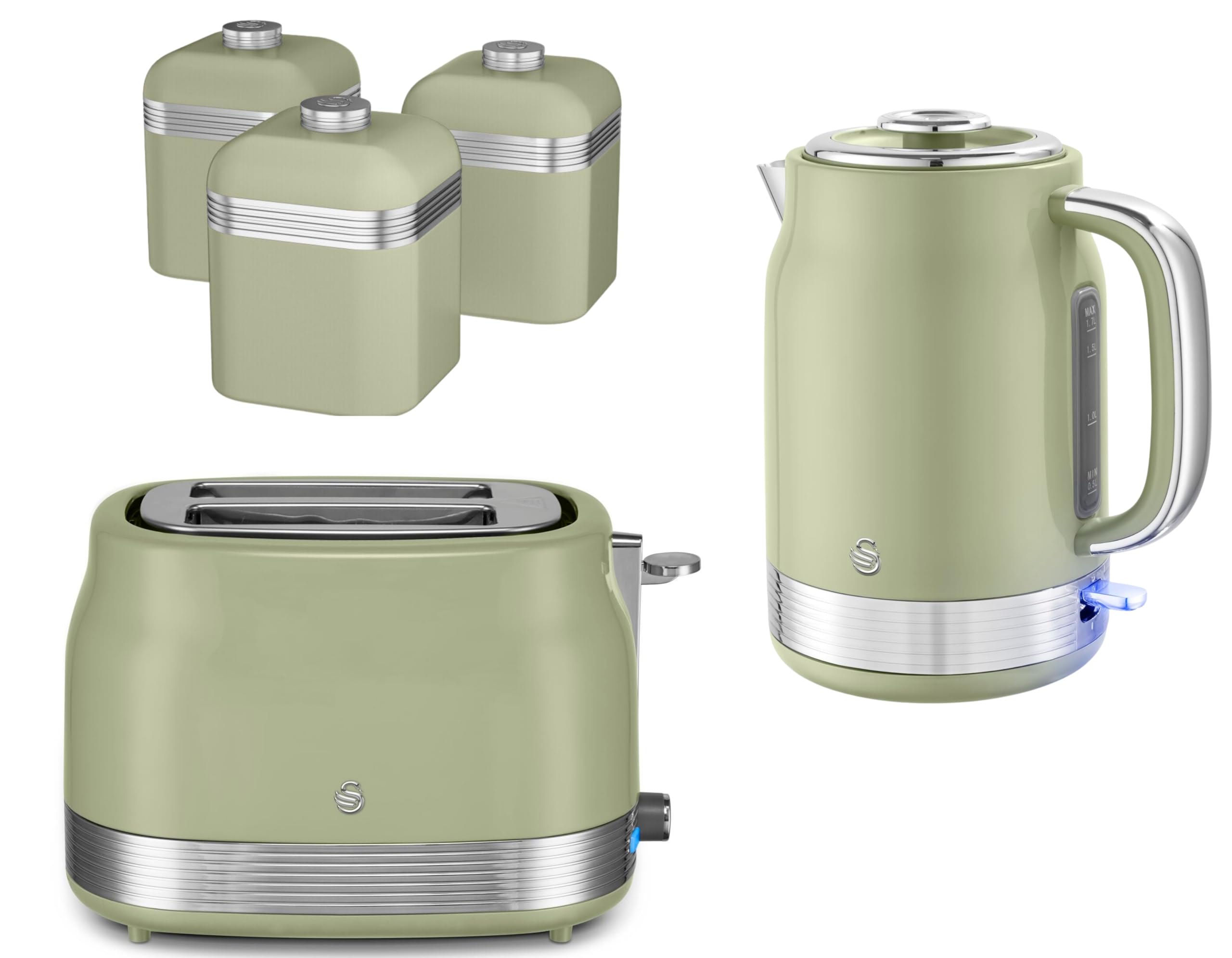 Swan Retro Revive Green 1.7L 3KW Jug Kettle, 2 Slice Toaster and Retro Canisters. Matching Retro Kitchen Bundle Set in VIntage Green with Chrome Accents