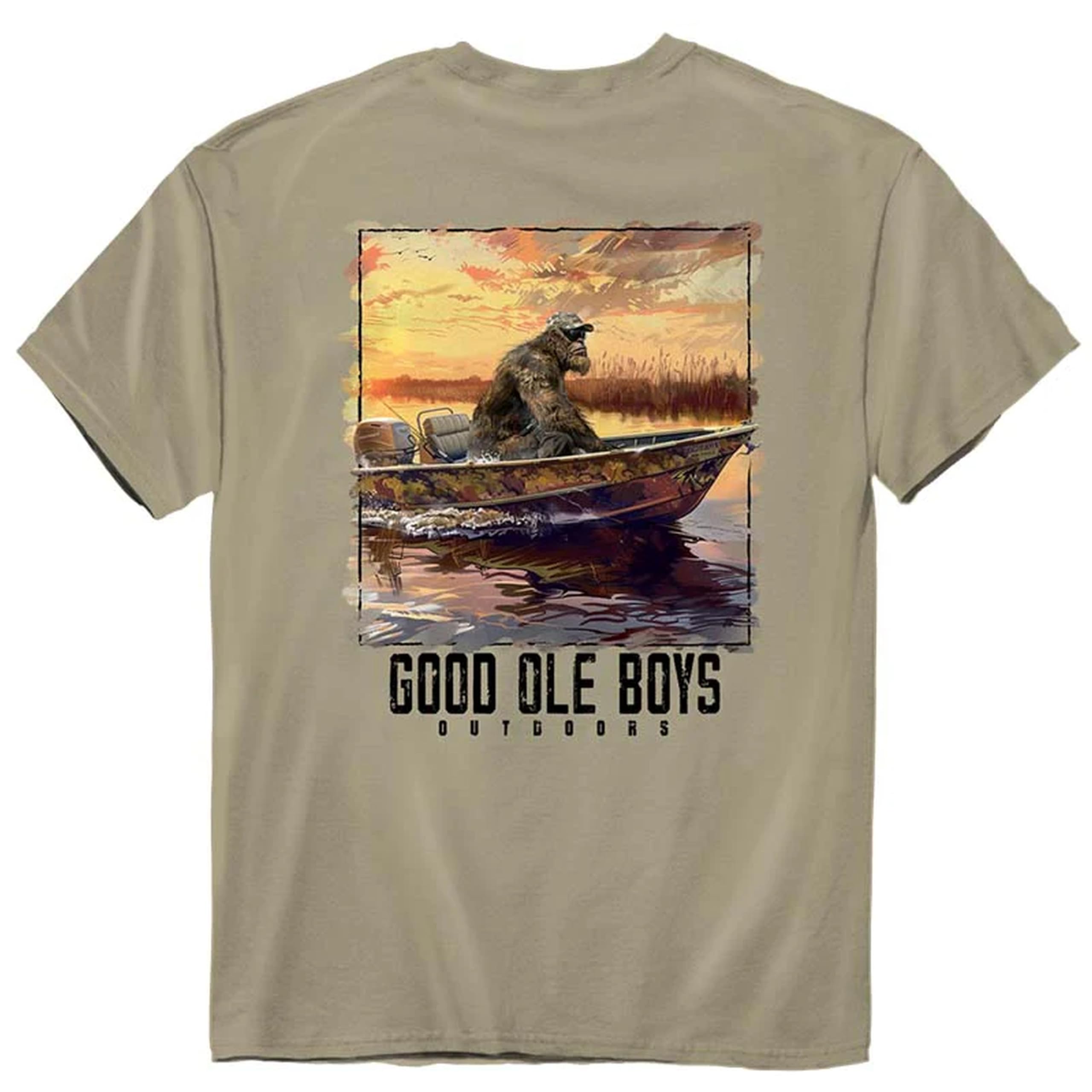 Sasquatch in Camo Boat in Marsh Good Ole Boys Bigfoot Hunting T Shirt