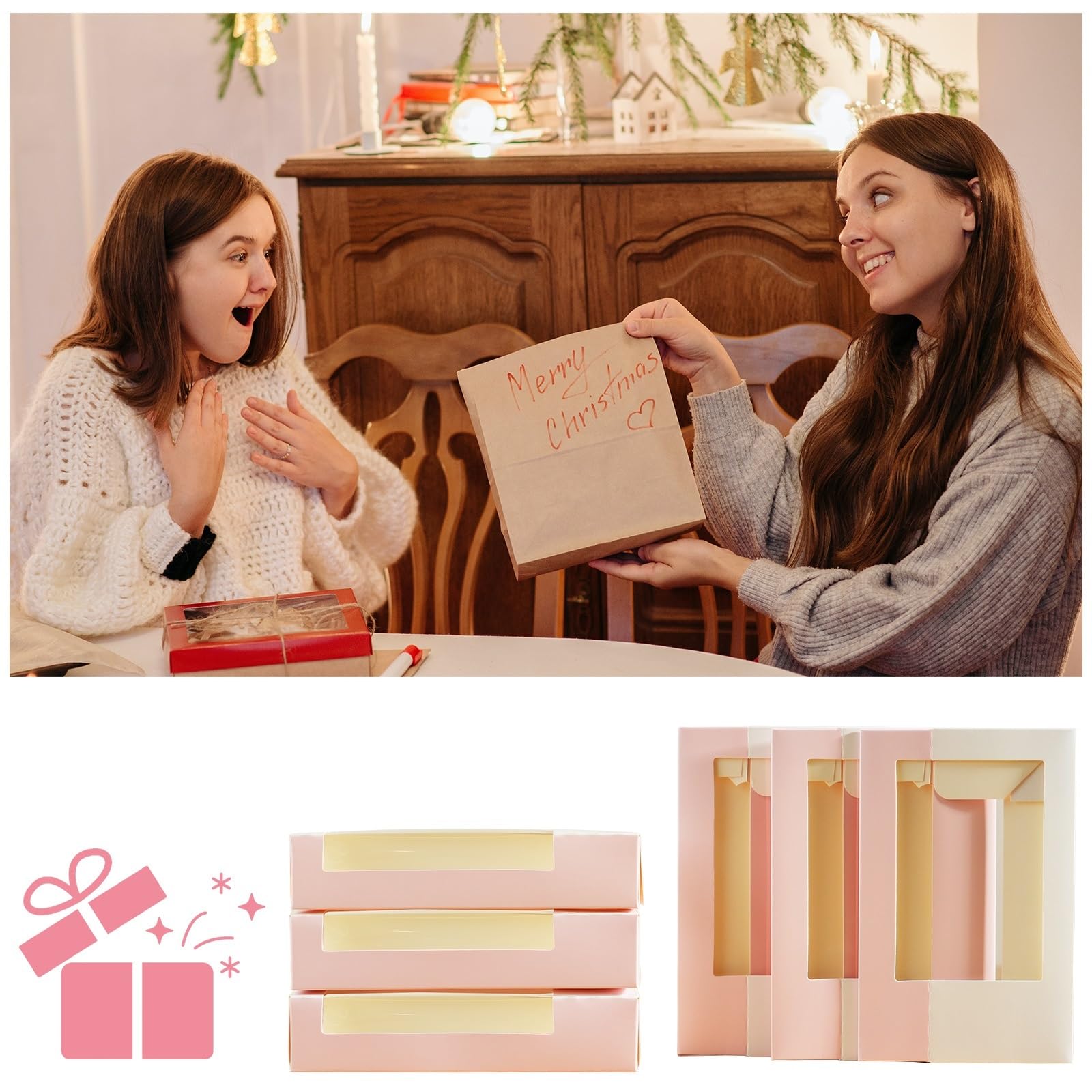 Caja Para Galletas Con Ventana Cajas de embalaje papel rosa con ventana transparente, cajas plegables for hornear dulces y macarrones, for bodas, fiestas cumpleaños(30pcs pink)