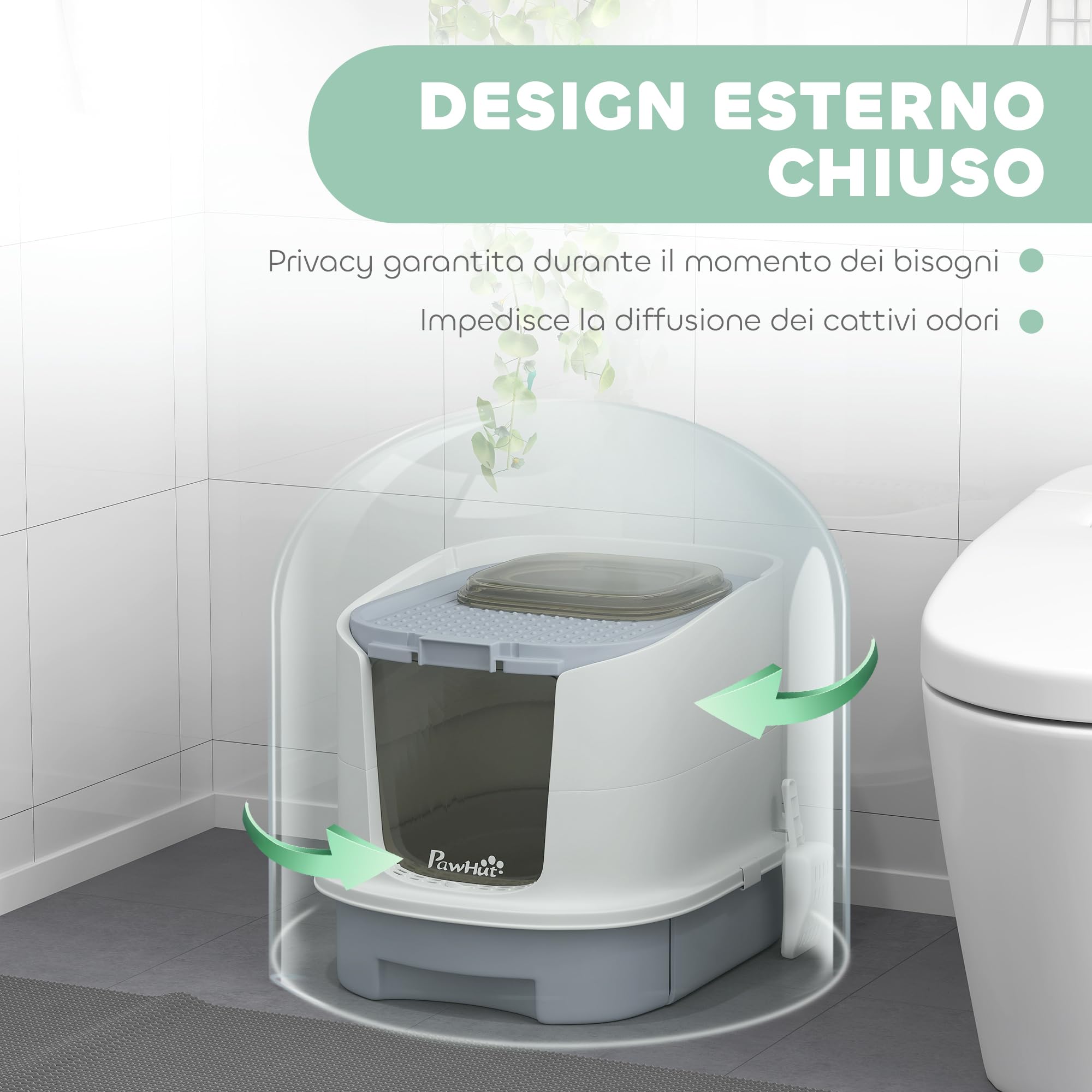 PawHut Lettiera per Gattini Chiusa con 2 Porte, Vassoio Estraibile, Paletta e Deodorante, Lettiera per Gatti in PP, 40.5x52.5x42.5 cm, Grigio