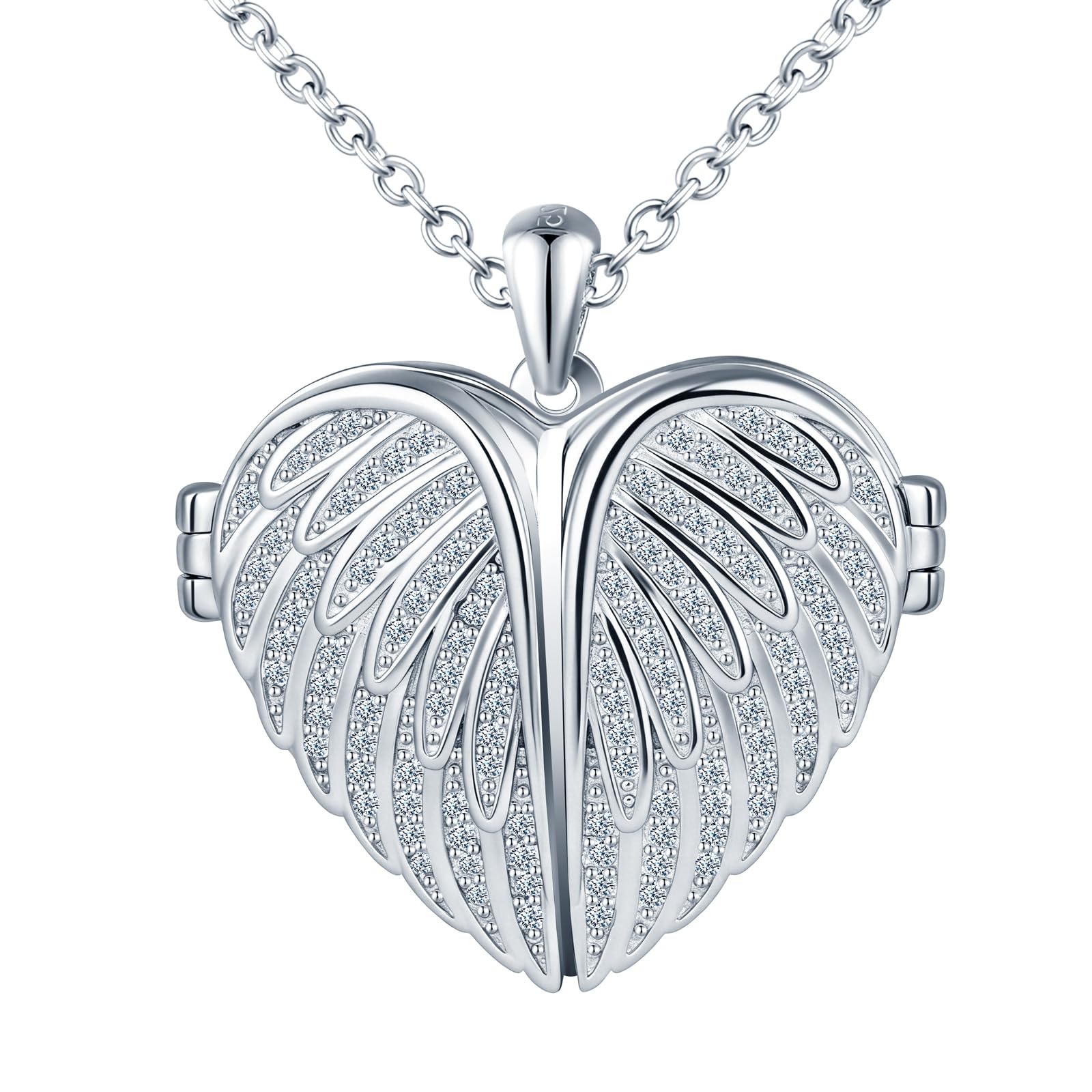 Collana Foto Ciondolo Cuore di Zirconia Argento 925 Medaglione Portafoto Personalizzabile con Ali d’Angelo
