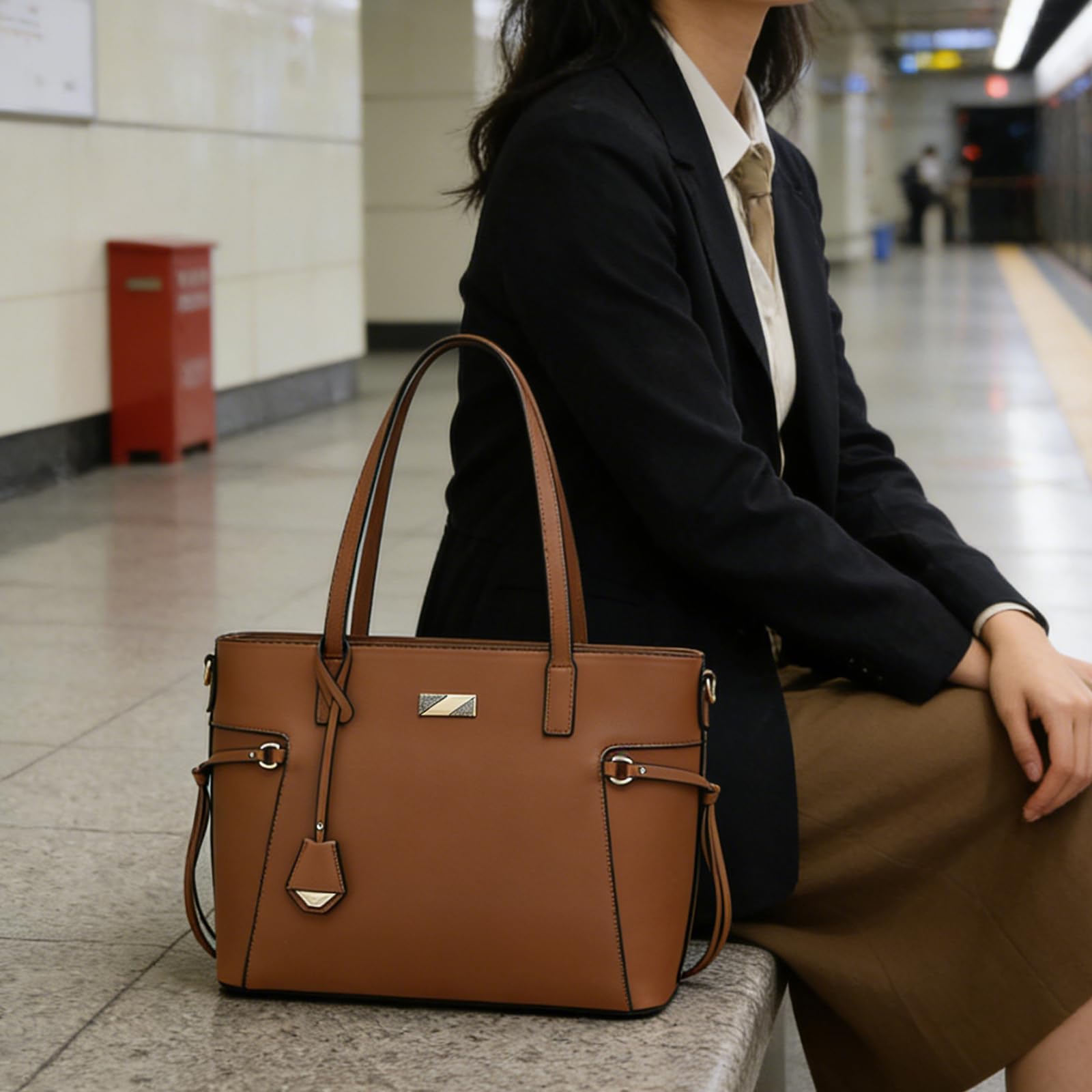 Borsa a tracolla in PU di grande capacità con tasche multiple e chiusura a cerniera borsa per lavoro, viaggi, shopping e uso quotidiano