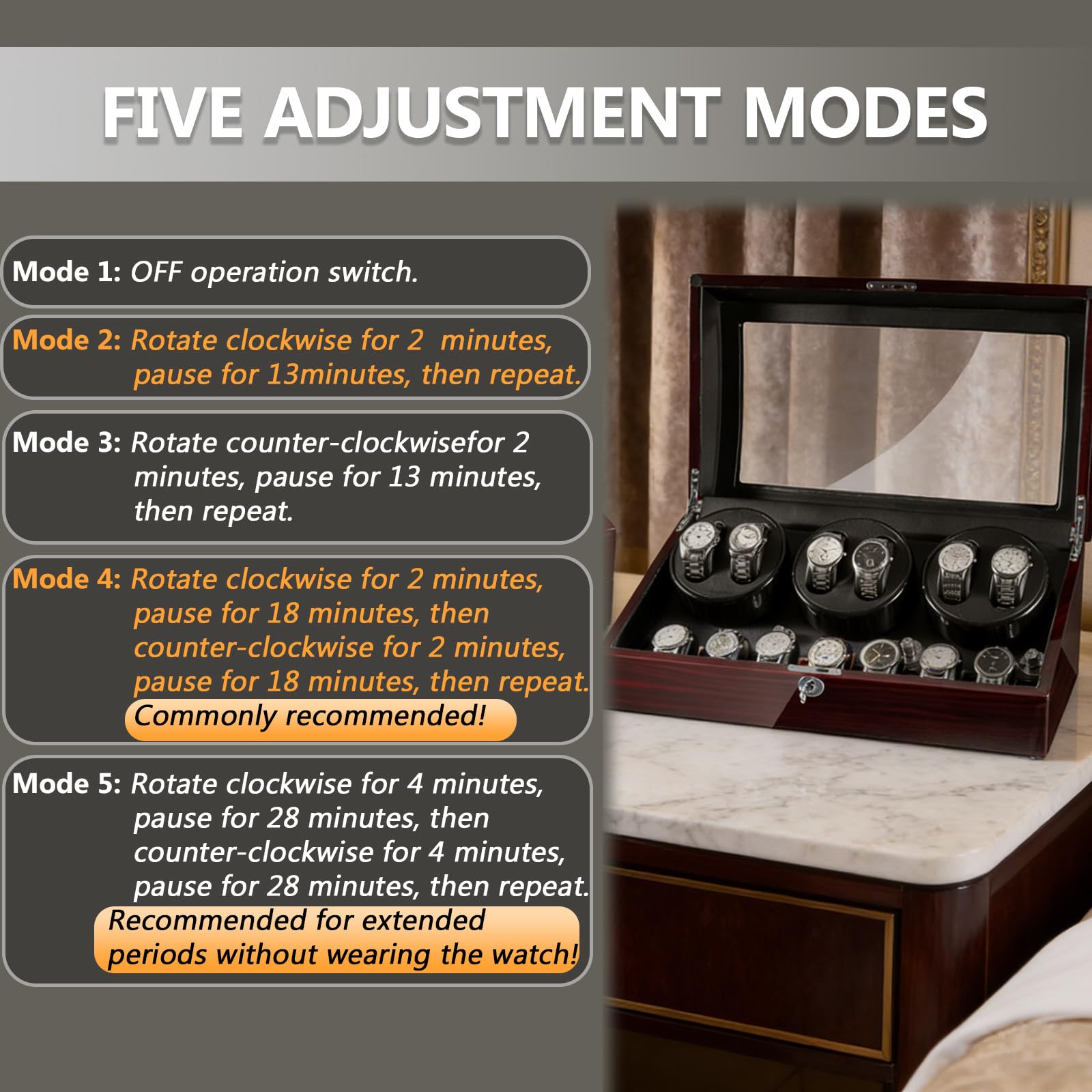 Caja Relojes Automáticos Relojero Organizador 13 Relojes Madera de Calidad Esmalte Piano Cuero PU 5 Modos Motor Japonés Importado Silencioso para Relojes Mecánicos B