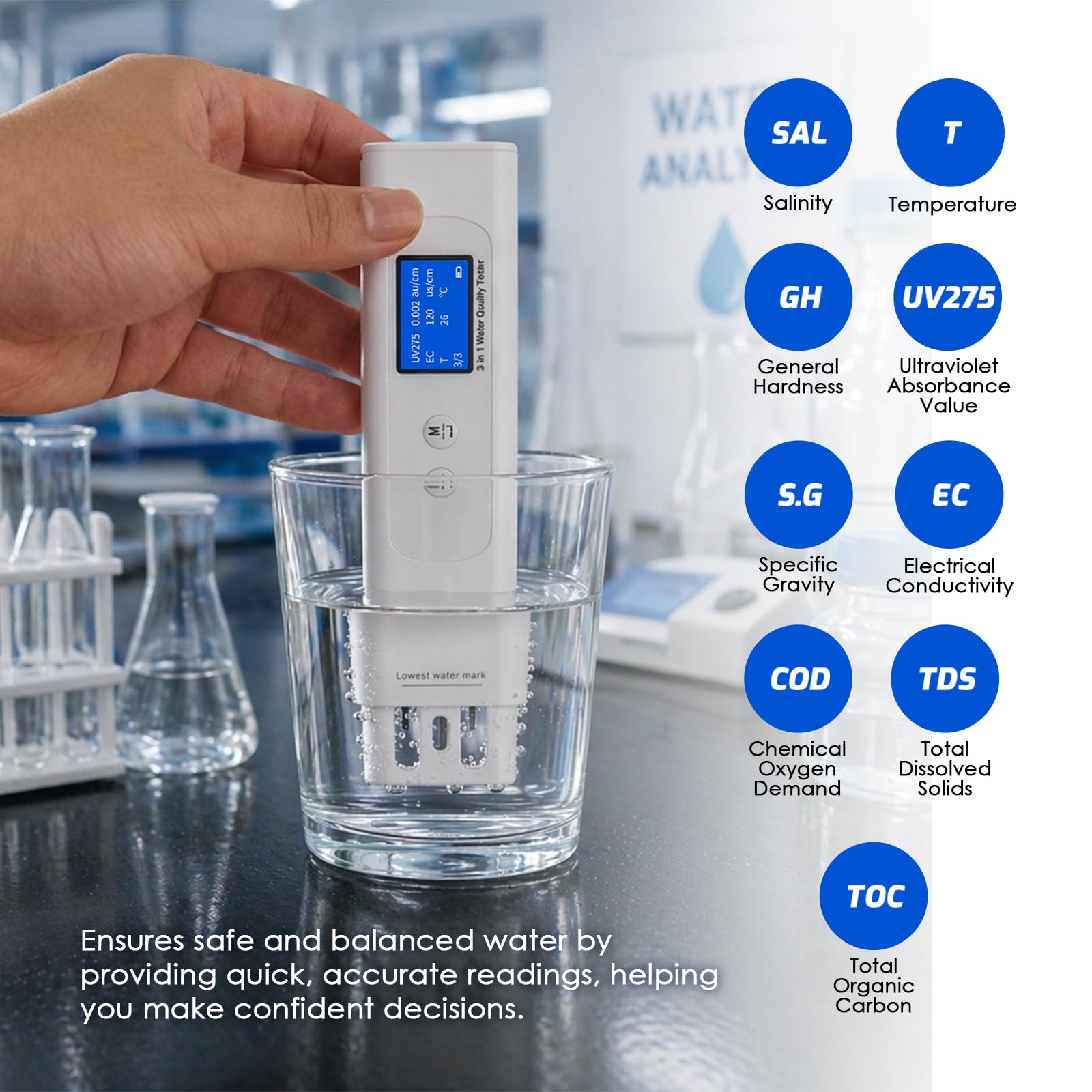 Testeur d'eau 9-en-1 UV, CE/TDS/Salinité/DH/Temp pour COD/TOC/UV275 – Idéal maison, Voyage, Puits, Robinet, Mer, Eau Purifiée, Camping-car