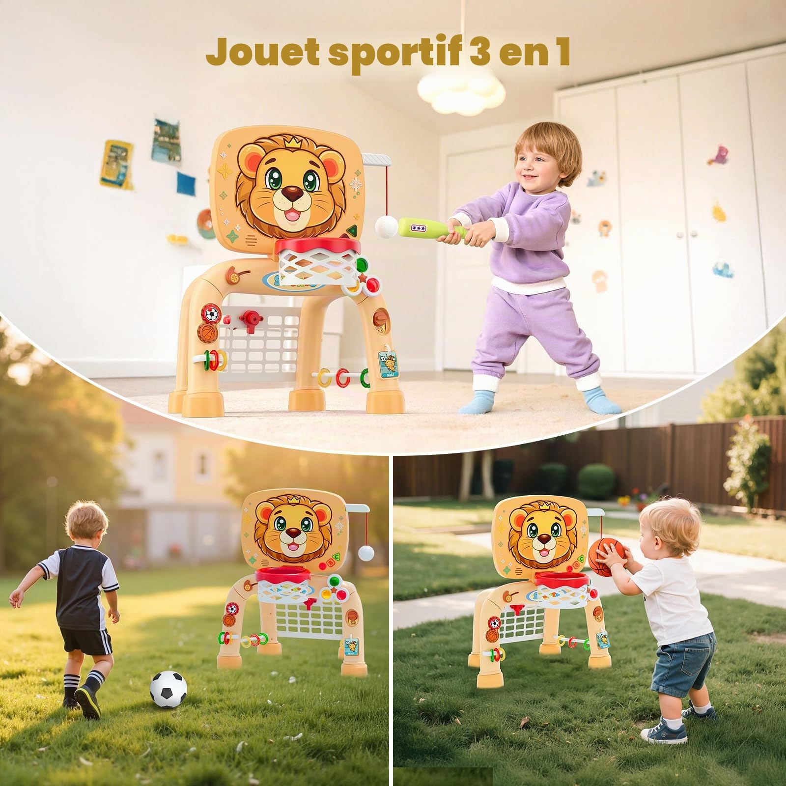 HYES 3 en 1 Enfants Panier de Basket avec Football Baseball, Basketball Stands avec Football Gate, Mini Panier Basket Activités d'apprentissage Jouets Cadeau pour Bébé Garçon Fille Intérieur Extérieur
