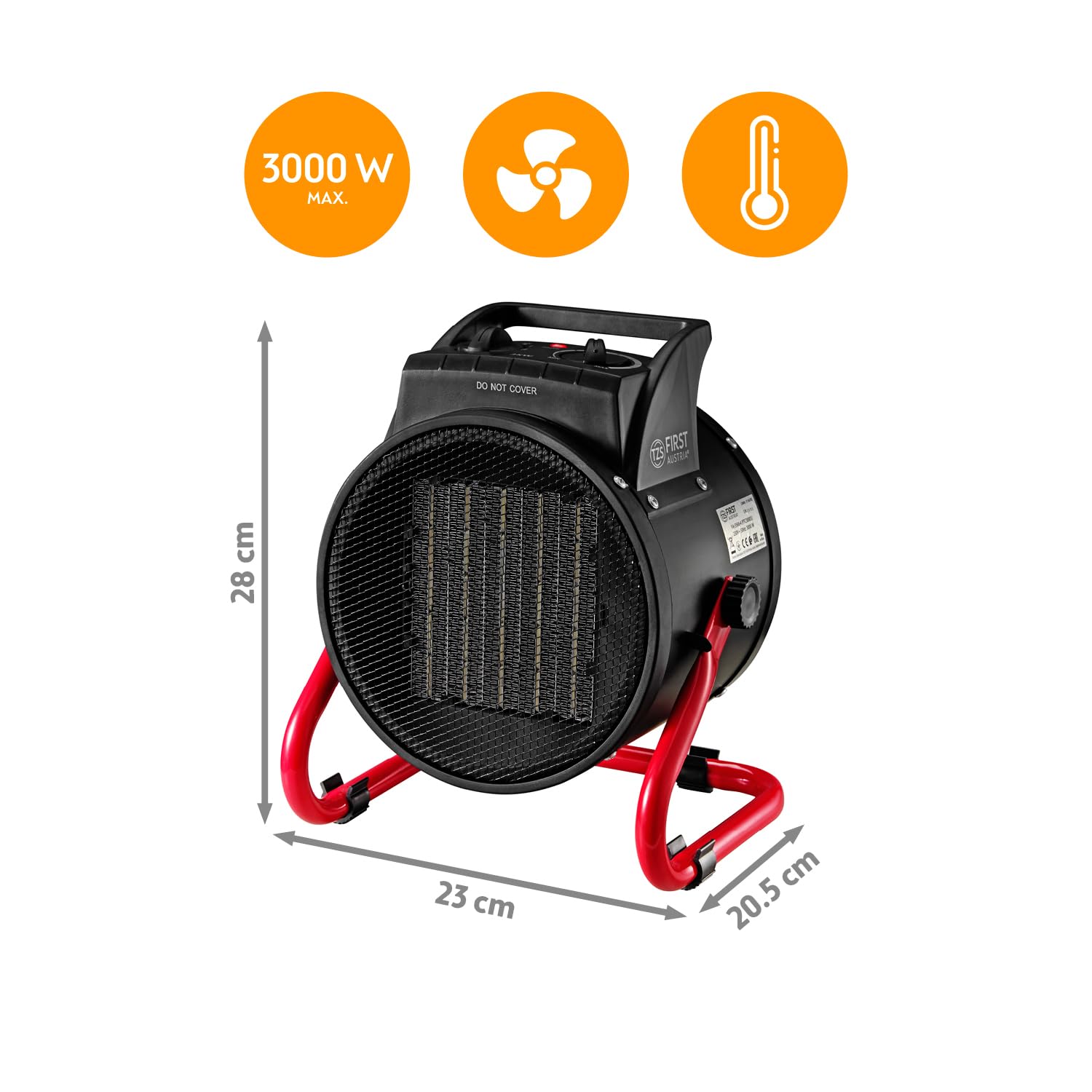 TZS First Austria - Calefactor cerámico 3000W - Termostato, 2 potencias, inclinable y asa - Ideal para taller y garaje - Negro