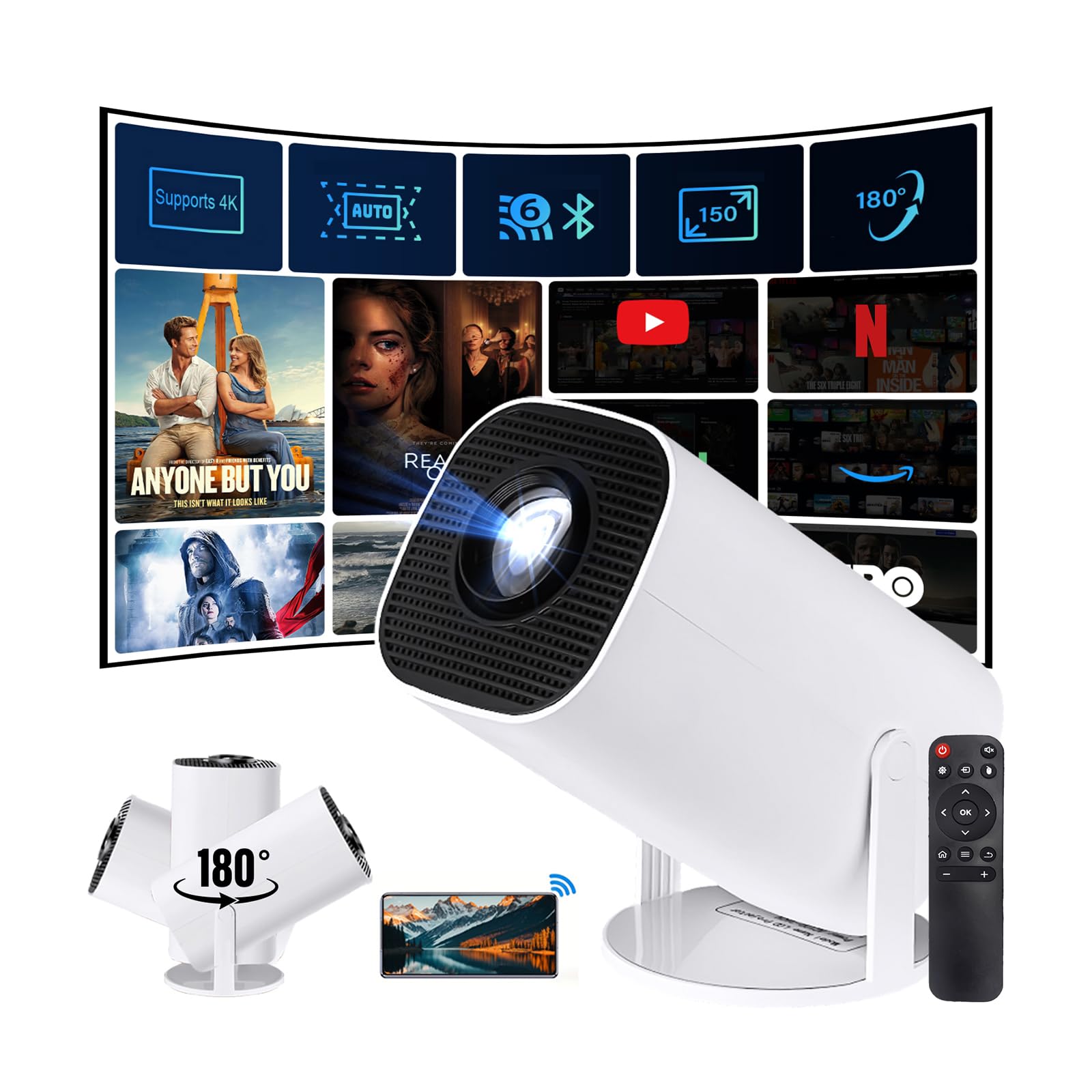 Mini Proyector Portátil FHD WiFi+BT5 Android11 Corrección automática Dirección Vertical, Tamaño de proyección 40/60/100/150 Inch Ajuste de ángulo múltiple de 180° Sentado Mirando y acostado Mirando