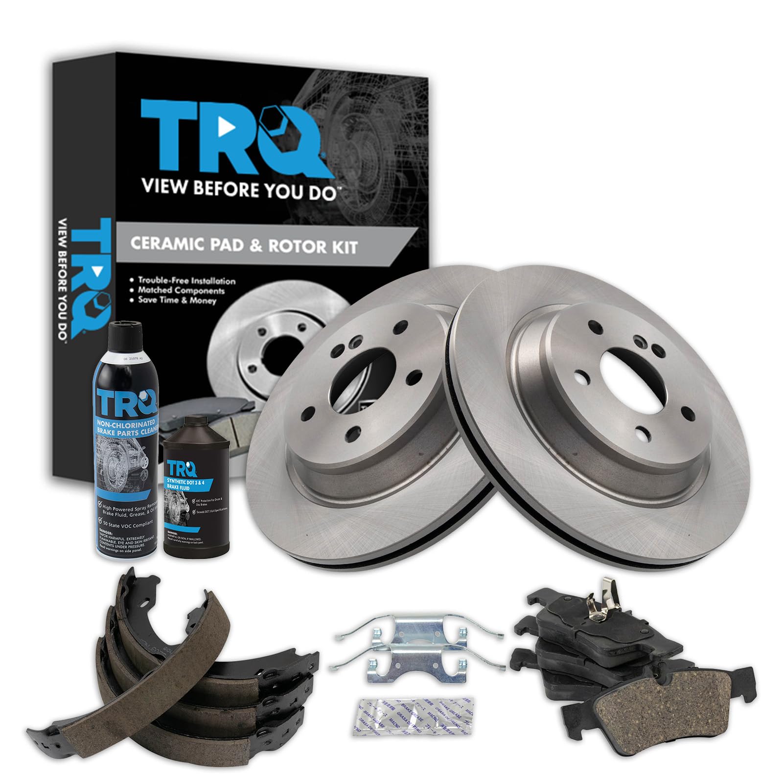 TRQ Rear Brake Pad &amp; Rotor Kit, with Chemical Kit Parking Brake Shoe Set Ceramic Compatible with 2003 Mercedes-Benz CL500 2003-2006 S430 S500