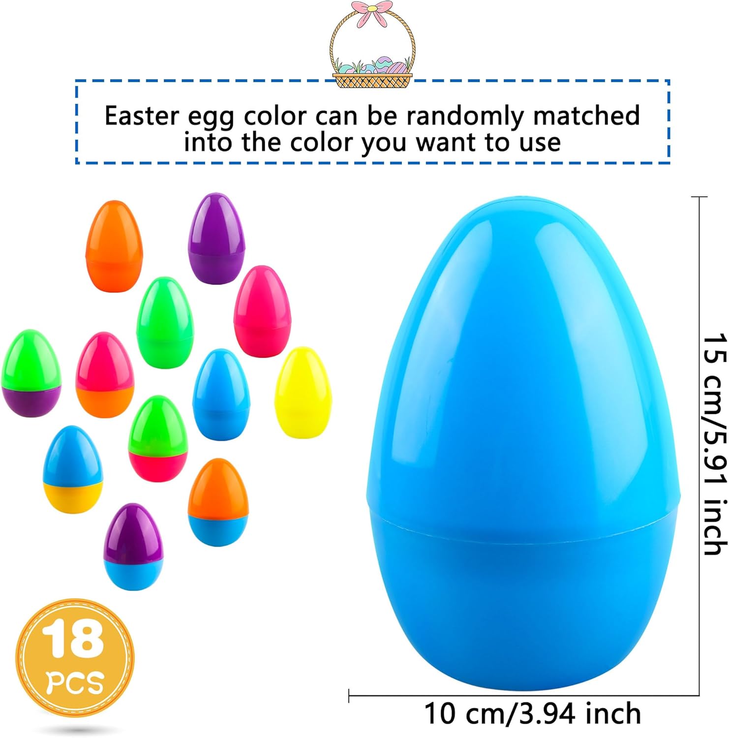 18 Pack 6 Inch Jumbo Fillable Easter Eggs Large Bright Colorful Plastic Easter Eggs for Easter Decoration Egg Hunt Basket Stuffers, 6 Colors