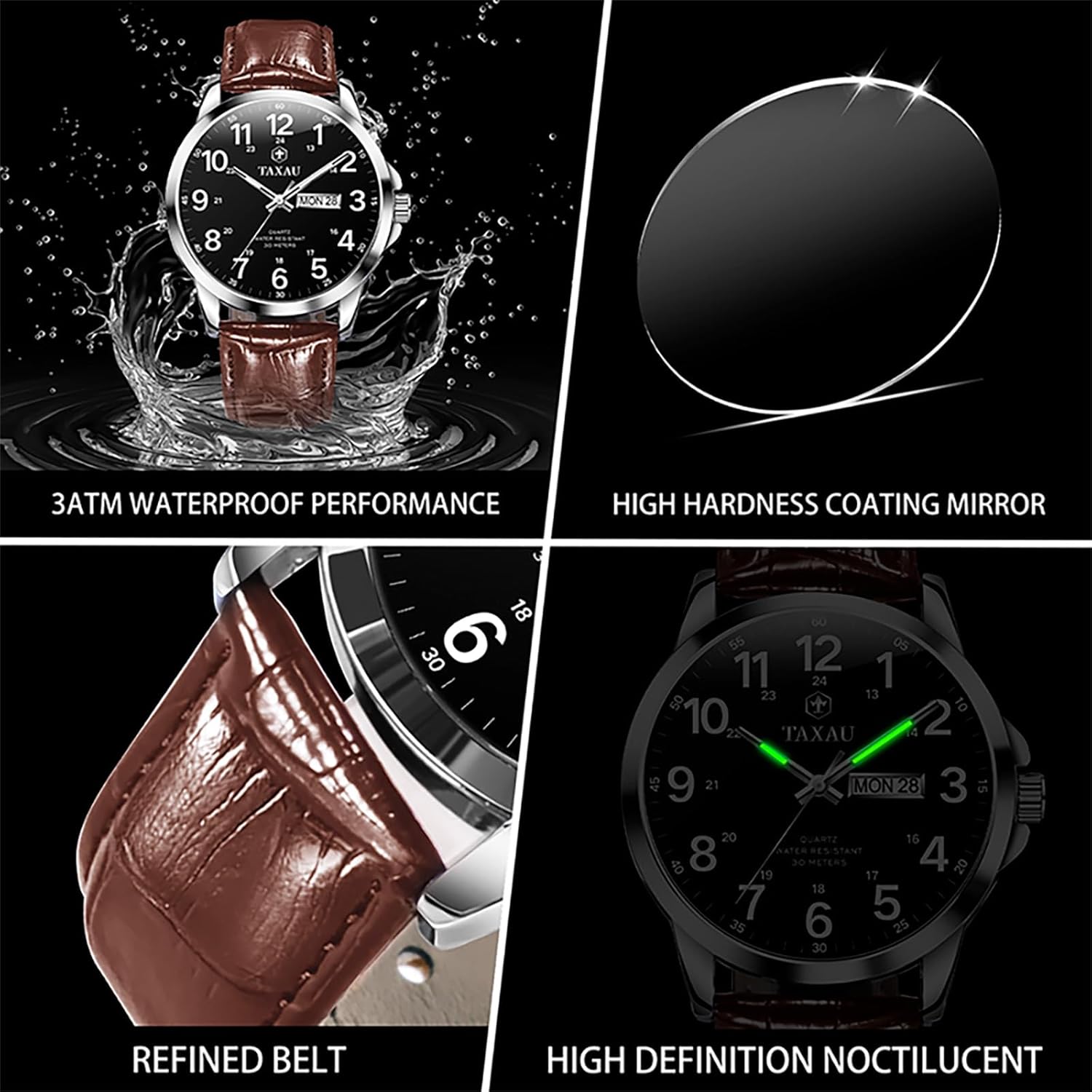 Watches for Men Leather Large Arabic Numerals Mens Watches Waterproof Band with Date Quartz Men's Wrist Watch - Image 4
