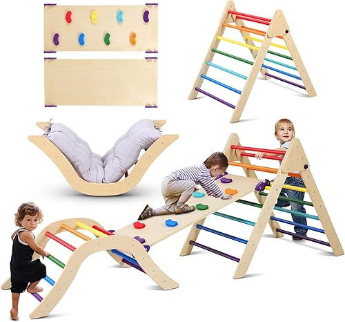 Miniatura 1 de FAHKNS Pikler - Juego de triángulos escalador 5 en 1, juguetes de escalada plegables para niños pequeños, parque infantil interior con rampa, arco,