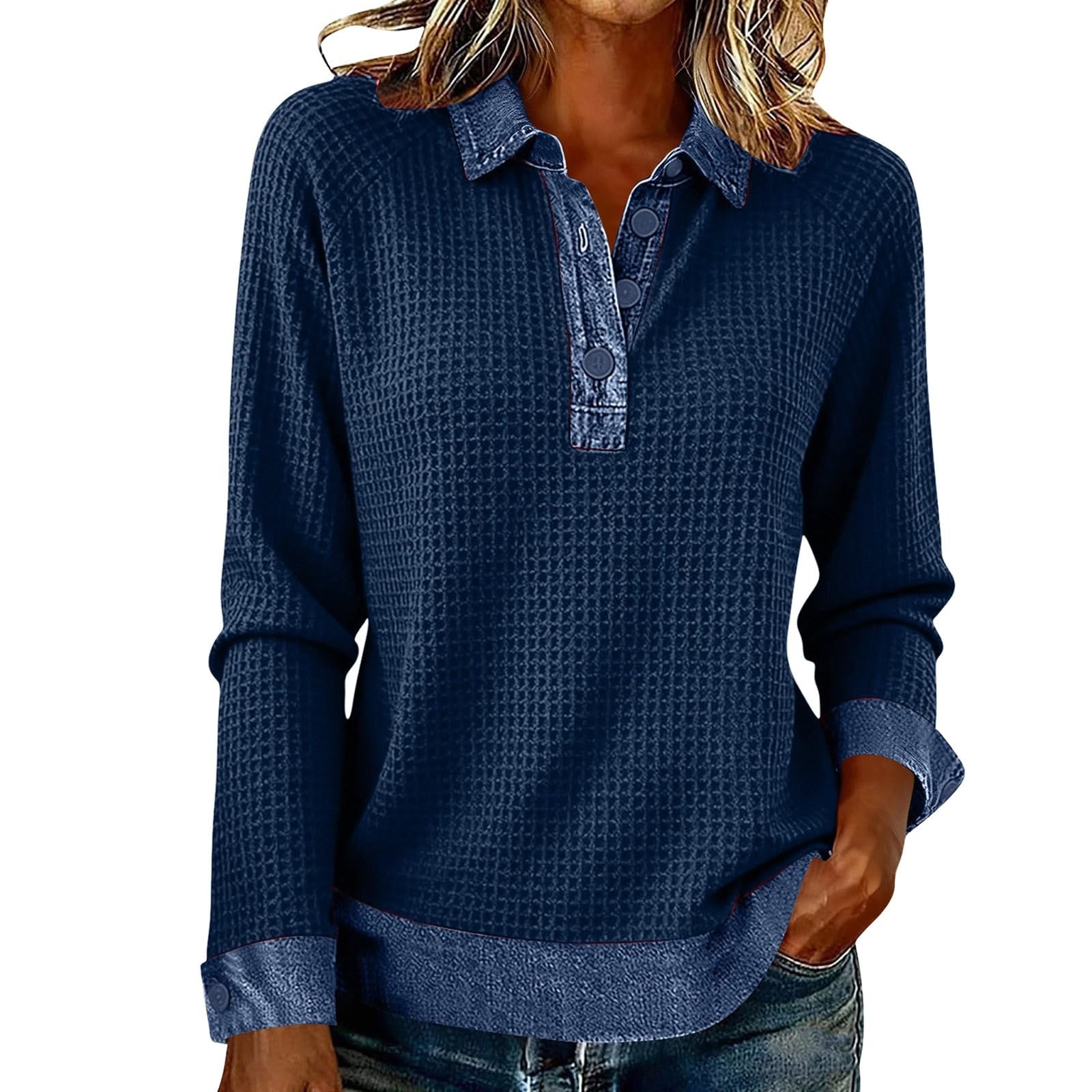 Womens Sweater with Denim Collar Cuffs Vintage Waffle Knit Casual Trendy Long Sleeve Retro Loose Fit Patchwork Tops