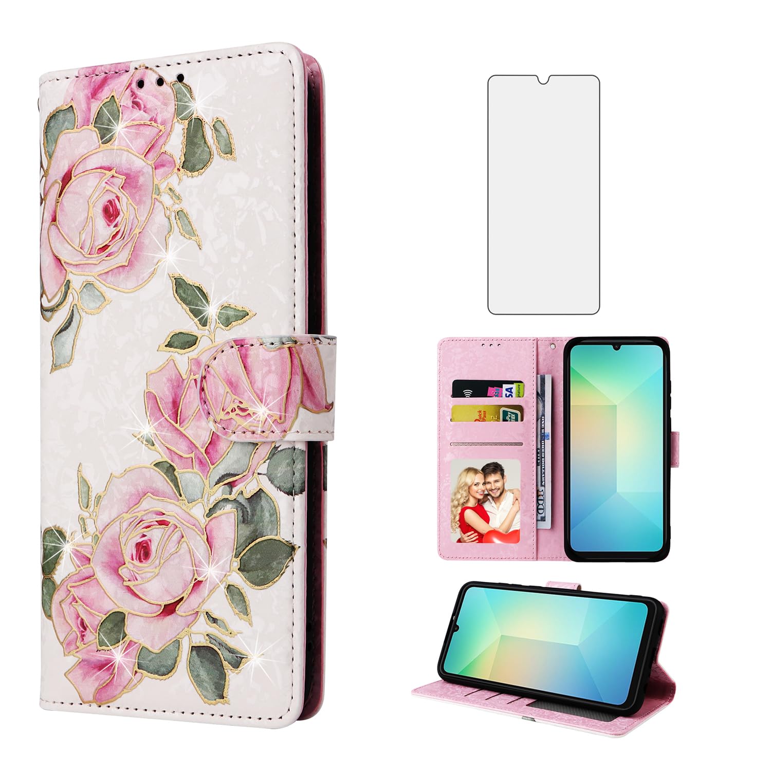 Asuwish Phone Case for Samsung Galaxy A06 Wallet Lanyard Wrist Strap Cell Flip Cover with Tempered Glass Screen Protector Flower Card Holder Slot
