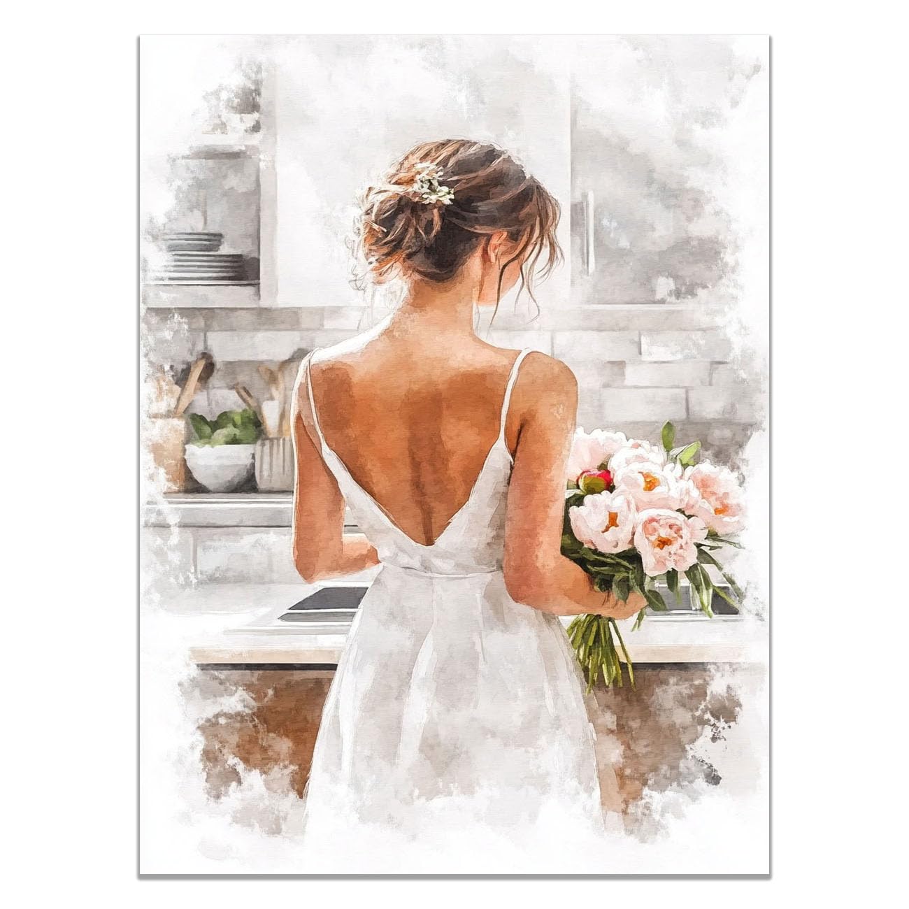 QUSAAOU Fashion Portrait Canvas Wall Art Bride Back View Peony Bouquet Watercolor For Living Room Bedroom African American Decor For Home Afro Woman Poster And Prints(White)-30x45cm1 Unframed