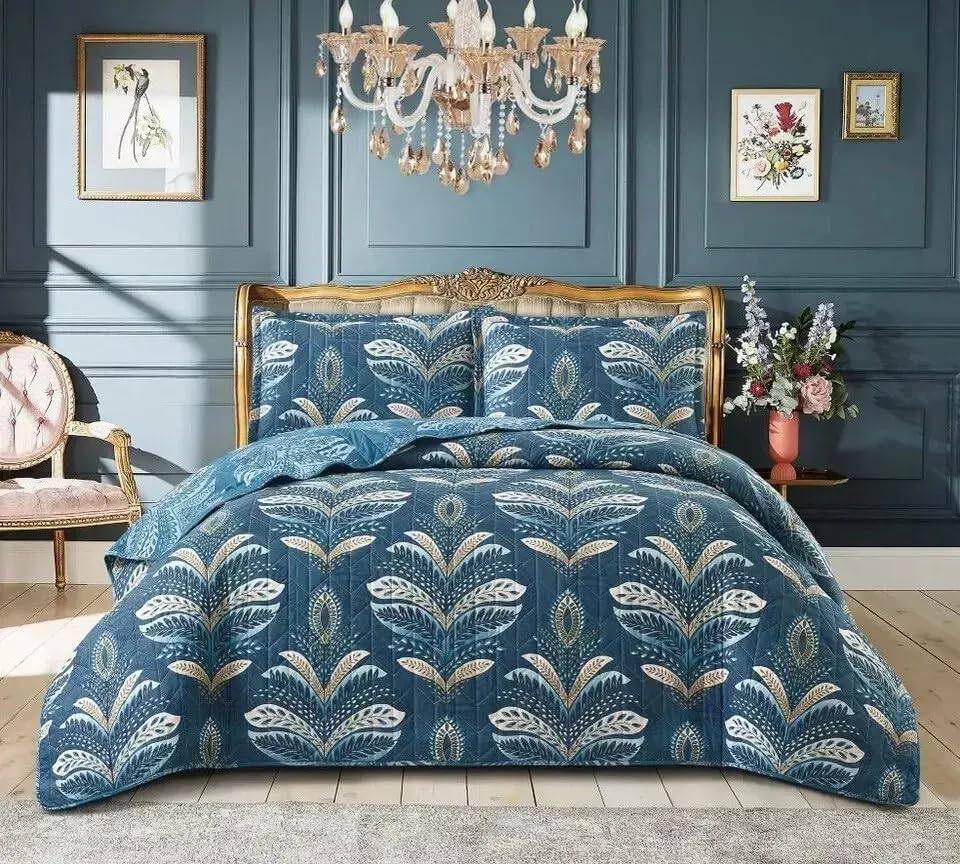 Online Bedding Quilted Patchwork Bedspread - Hypoallergenic, Machine Washable Duvet & Pillowcases Bedding Set (Jasmine Teal, King)