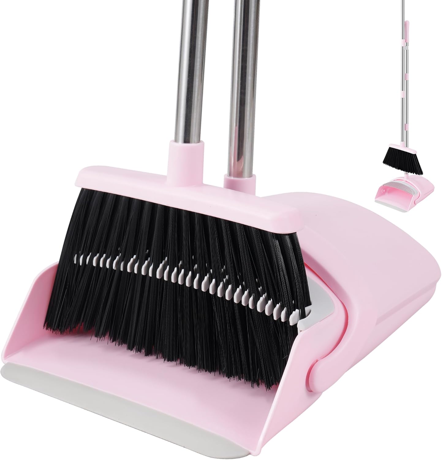 Pink Broom and Dustpan Set, 52” Long Adjustable Handle Broom with Dustpan Combo Set with Dust Pan Teeth to Clean Hair for Home Lobby Office
