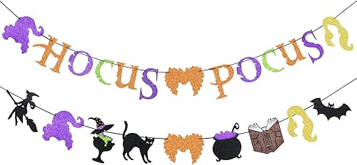 Pancarta de Hocus Pocus y guirnalda de Hocus Pocus, decoración de fiesta de Halloween, decoración de fiesta de bruja de Halloween, decoración de