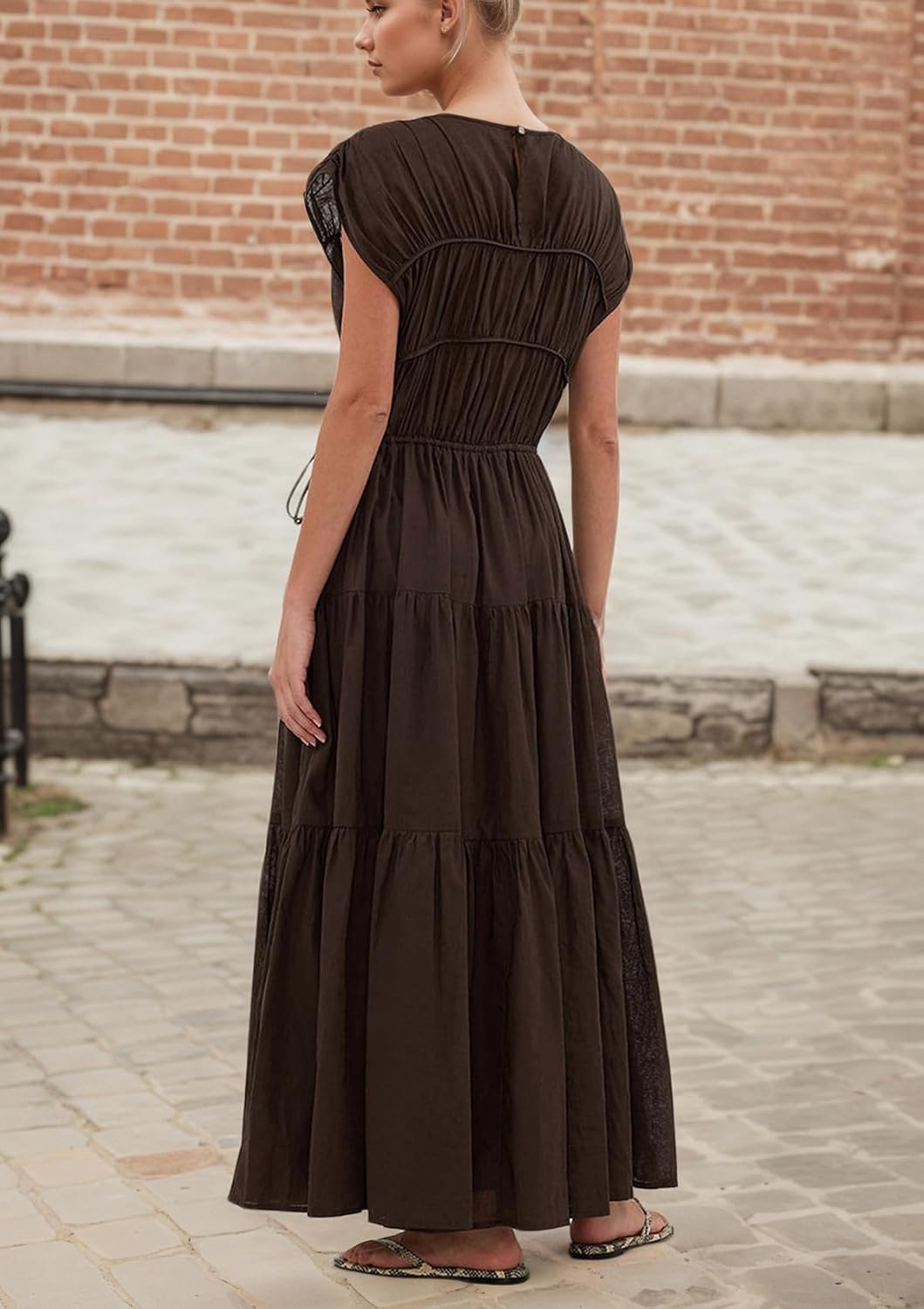 Women Pleated Ruched Tiered Maxi Dress Sleeveless Patchwork Ruffle Hem A Line Flowy Summer Elegant Long Dress - Image 4