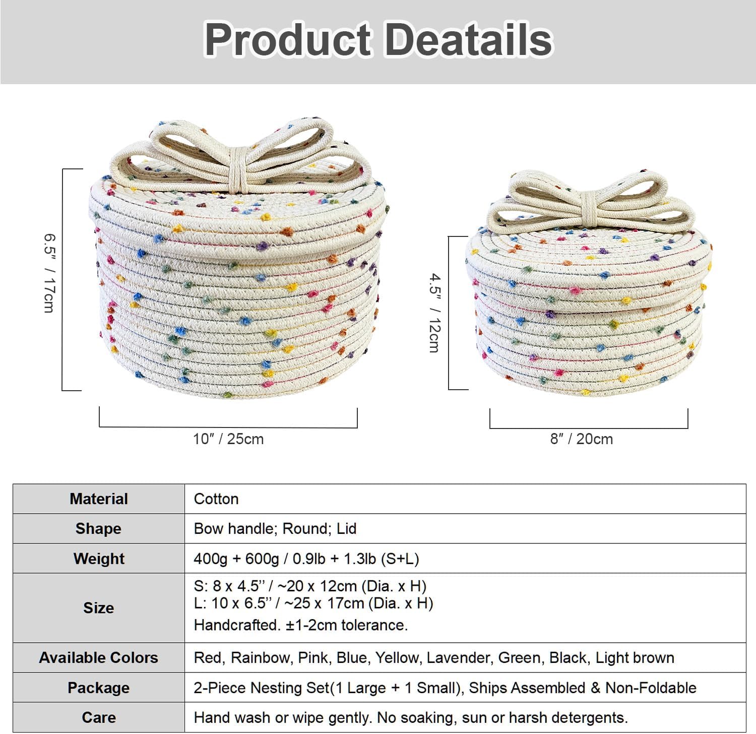 Small Storage Baskets with Lids, Round Woven Rope Basket with Lid, Cute Storage Box for Small Toy, Gift or Home Decor, Decorative Basket with Rainbow Pom-pom & Cute Bow Handle (rainbow)