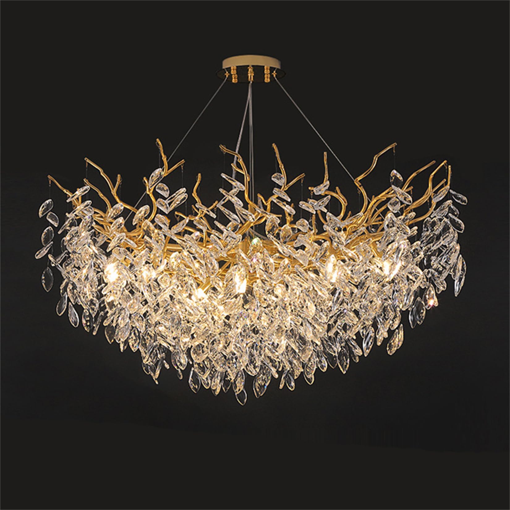 SXECAEPS Modern creative chandelier Gold Crystal Modern High Ceiling Tree Branch Lighting Large Raindrop Luxury Light Fixture for Foyer Entryway Staircase Living Room,Round 80cm