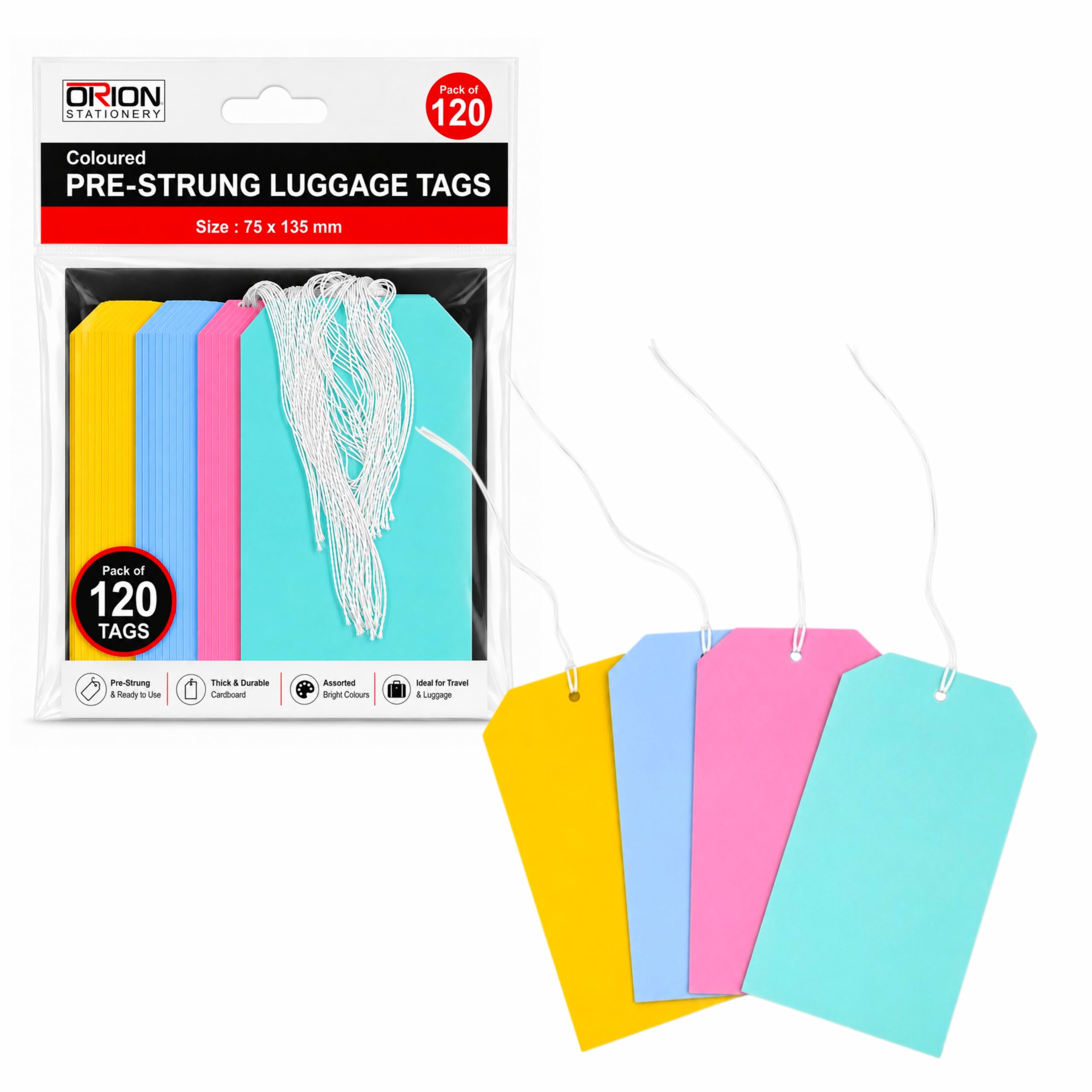 Orion 120 Pieces Coloured Pre Strung Luggage Tags 75 x 135 mm