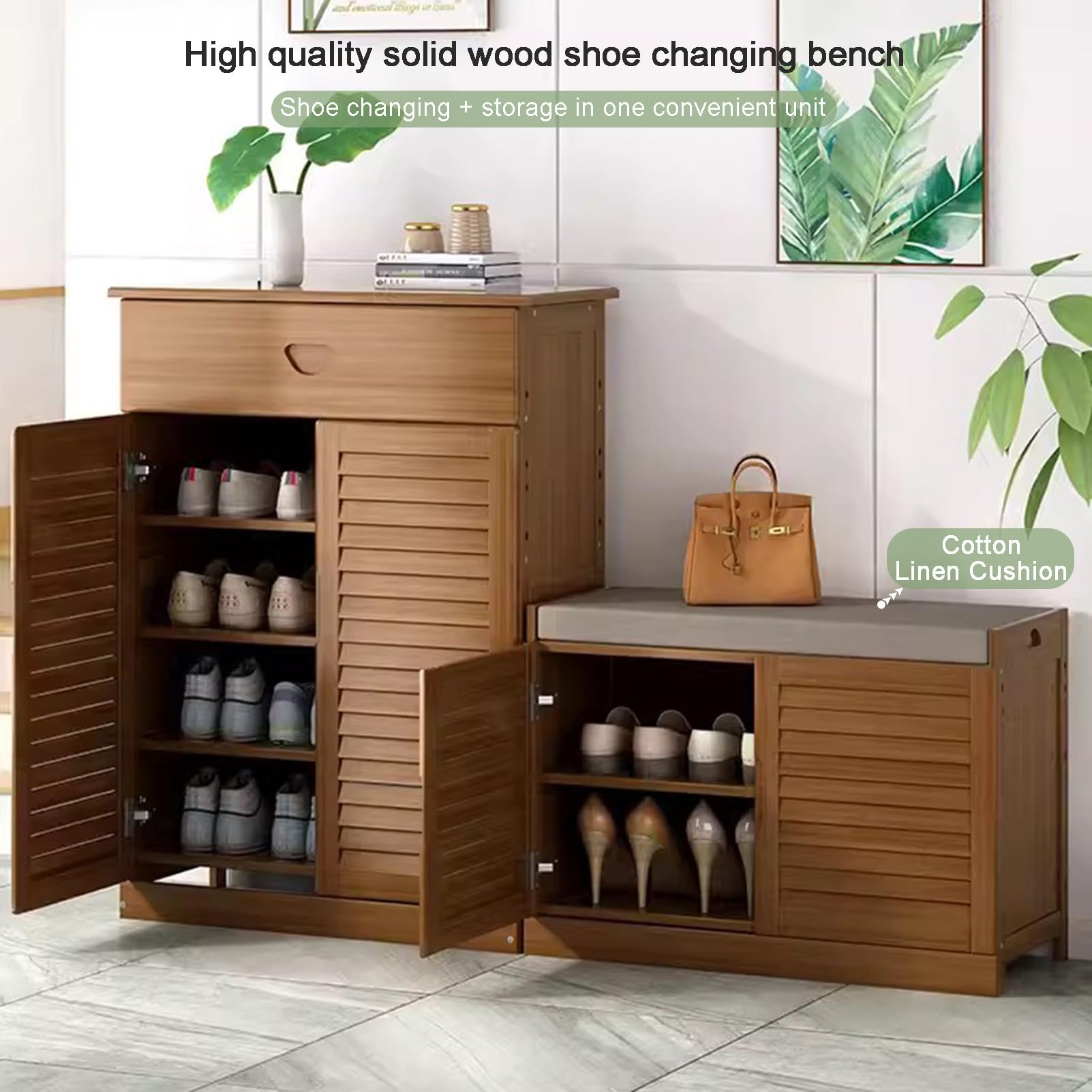 Zapatero de madera independiente con puertas y asiento, elegante pasillo para zapatos, solución de almacenamiento de entrada, diseño que ahorra espacio, decoración moderna del hogar